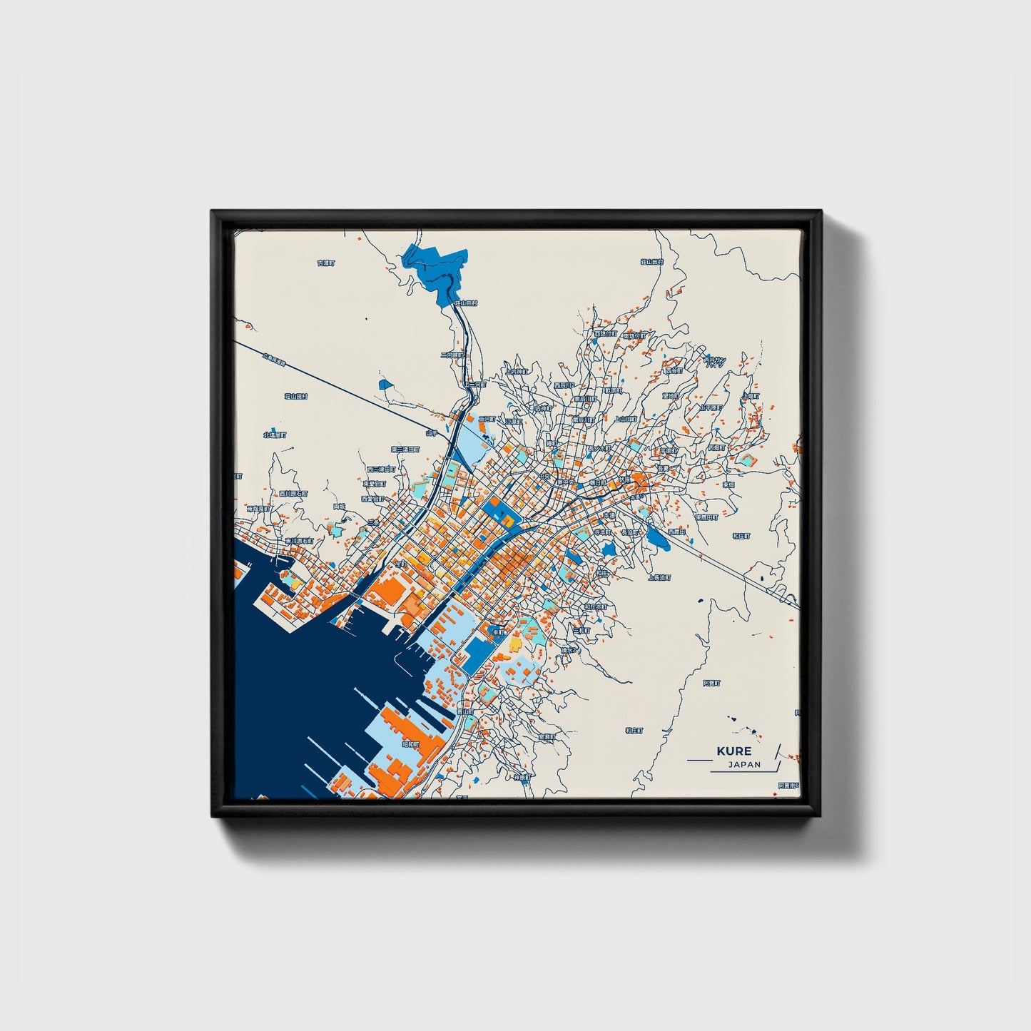 Kure Japan Colorful City Map Canvas Print • Black Framed
