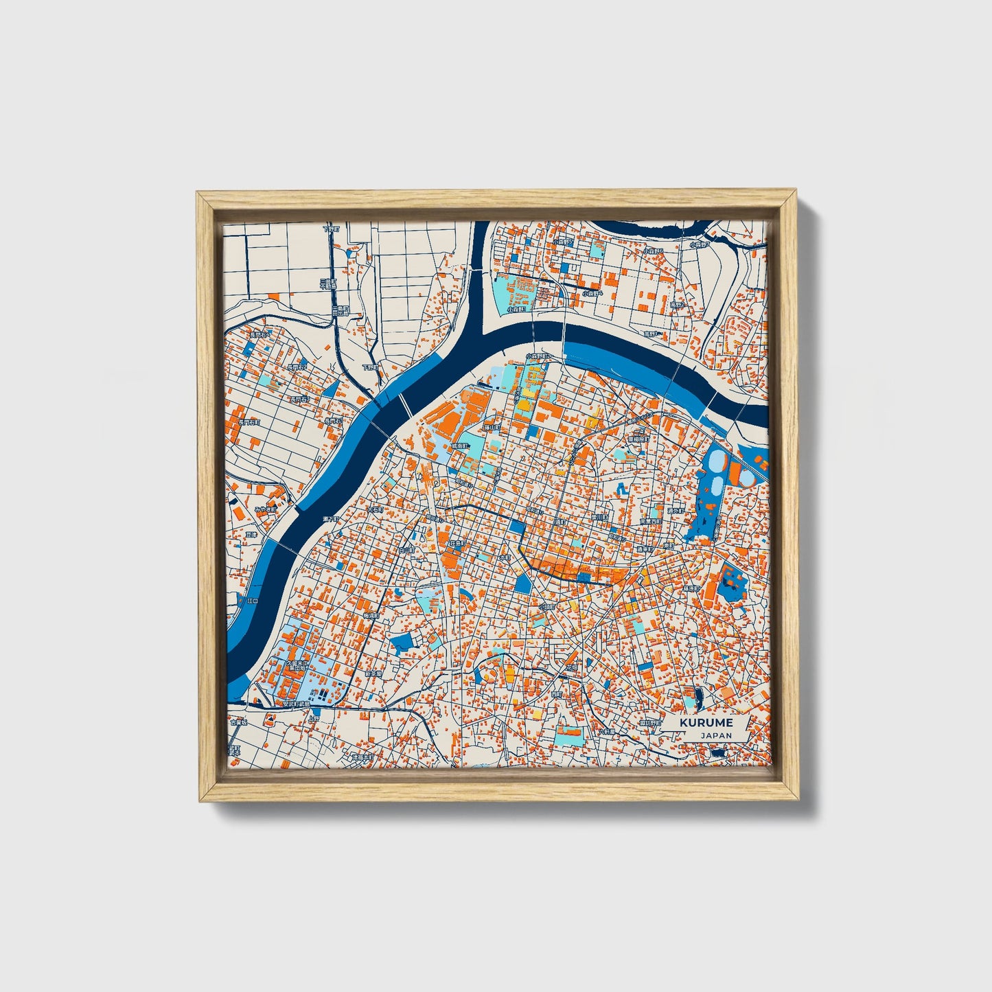Kurume Japan Colorful City Map Canvas Print • Natural Wooden Framed