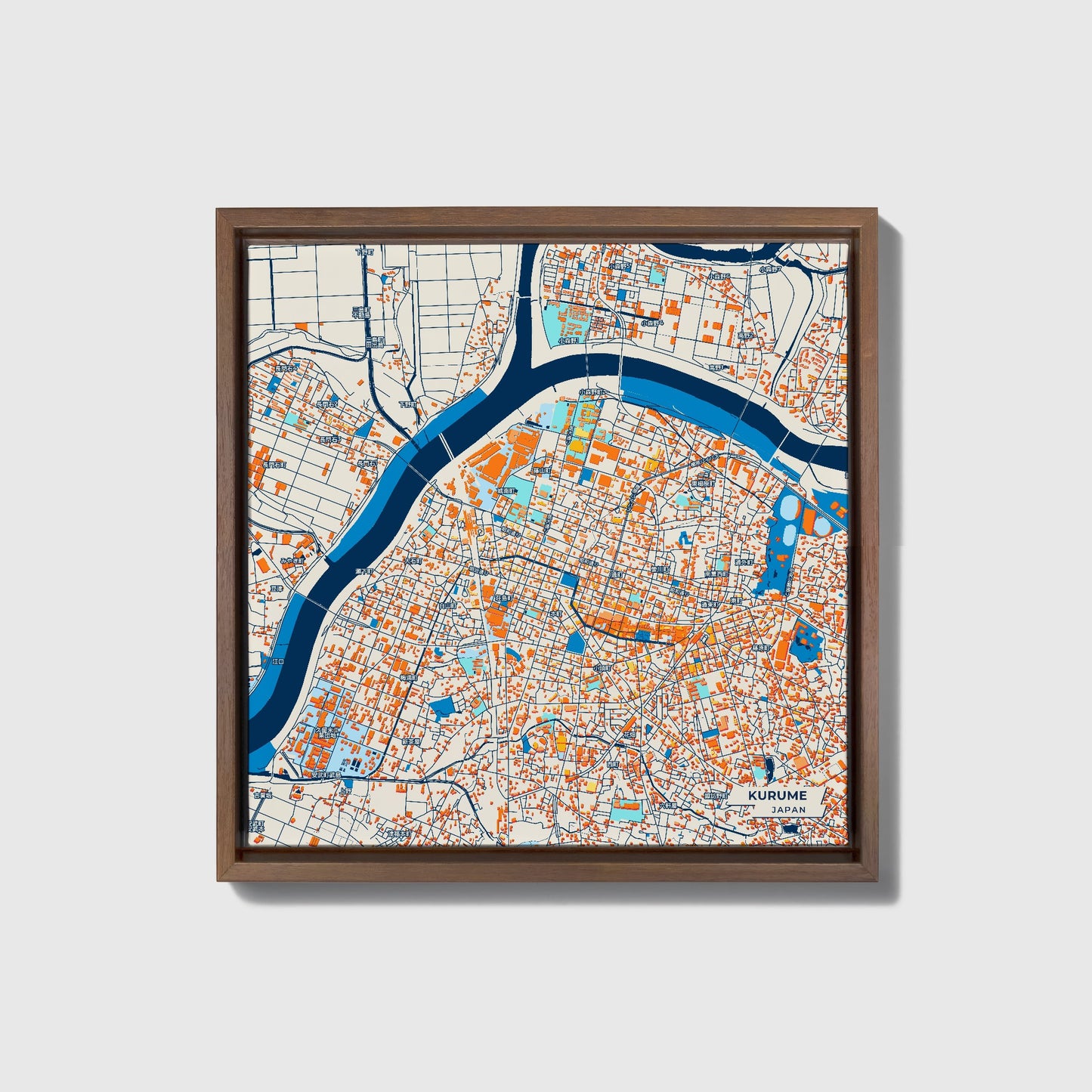 Kurume Japan Colorful City Map Canvas Print • Dark Wooden Framed