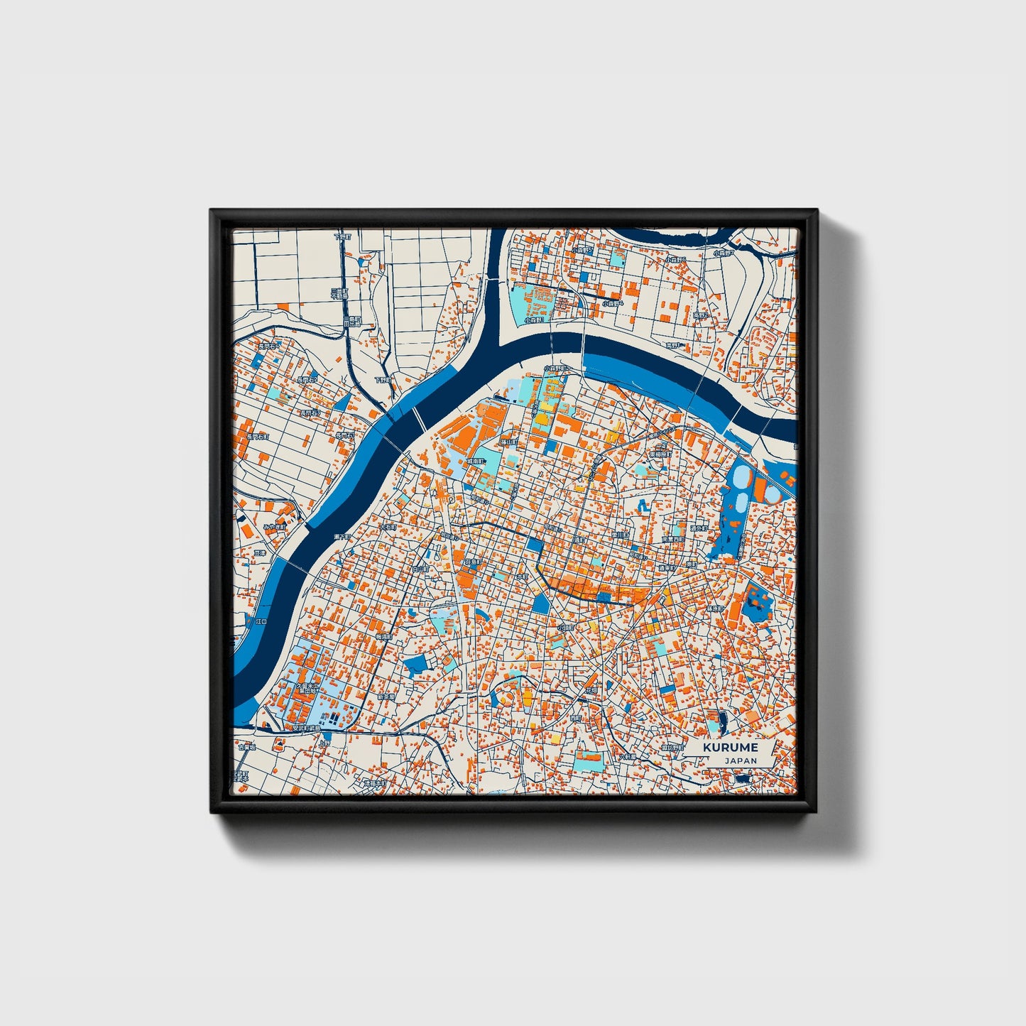 Kurume Japan Colorful City Map Canvas Print • Black Framed