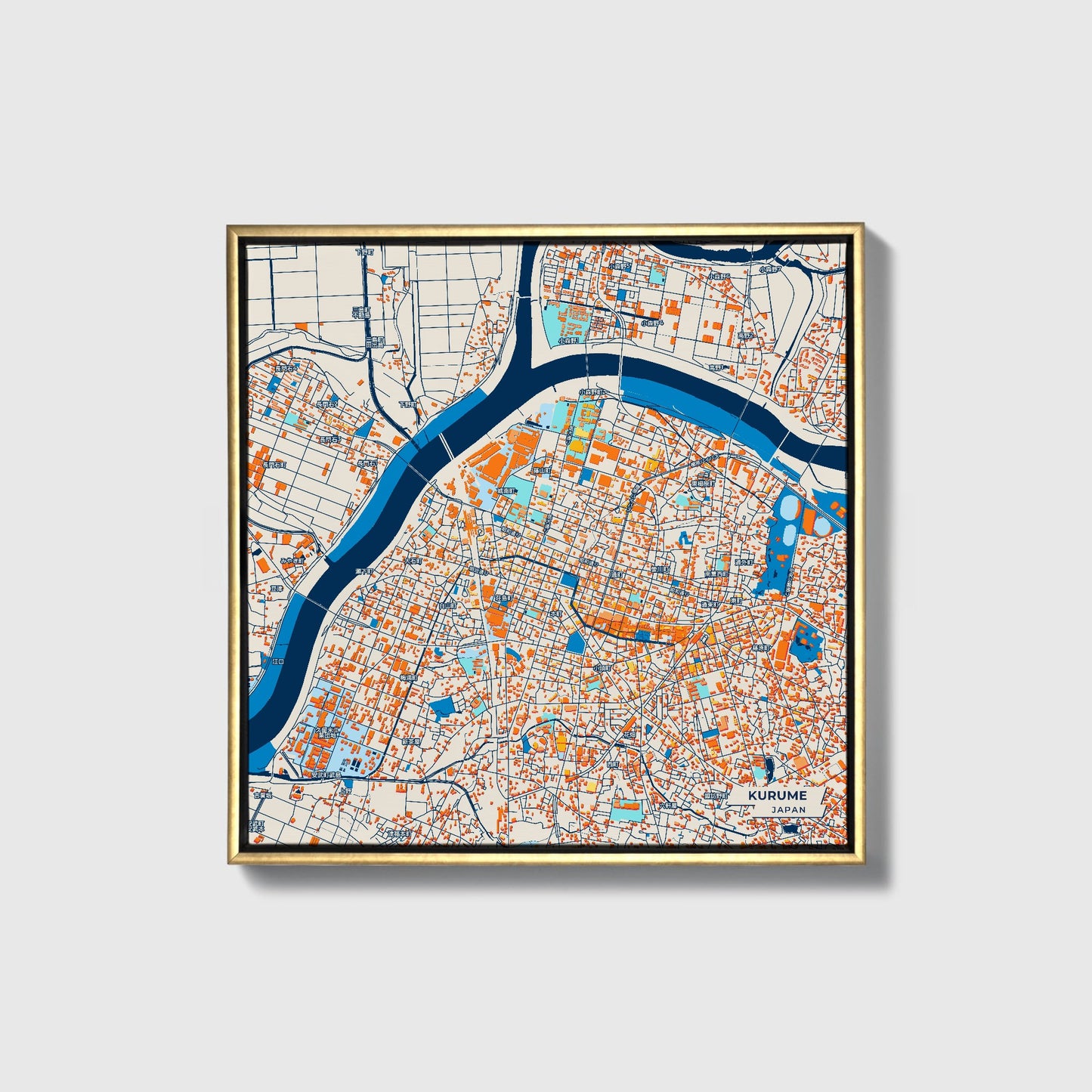 Kurume Japan Colorful City Map Canvas Print • Gold Framed