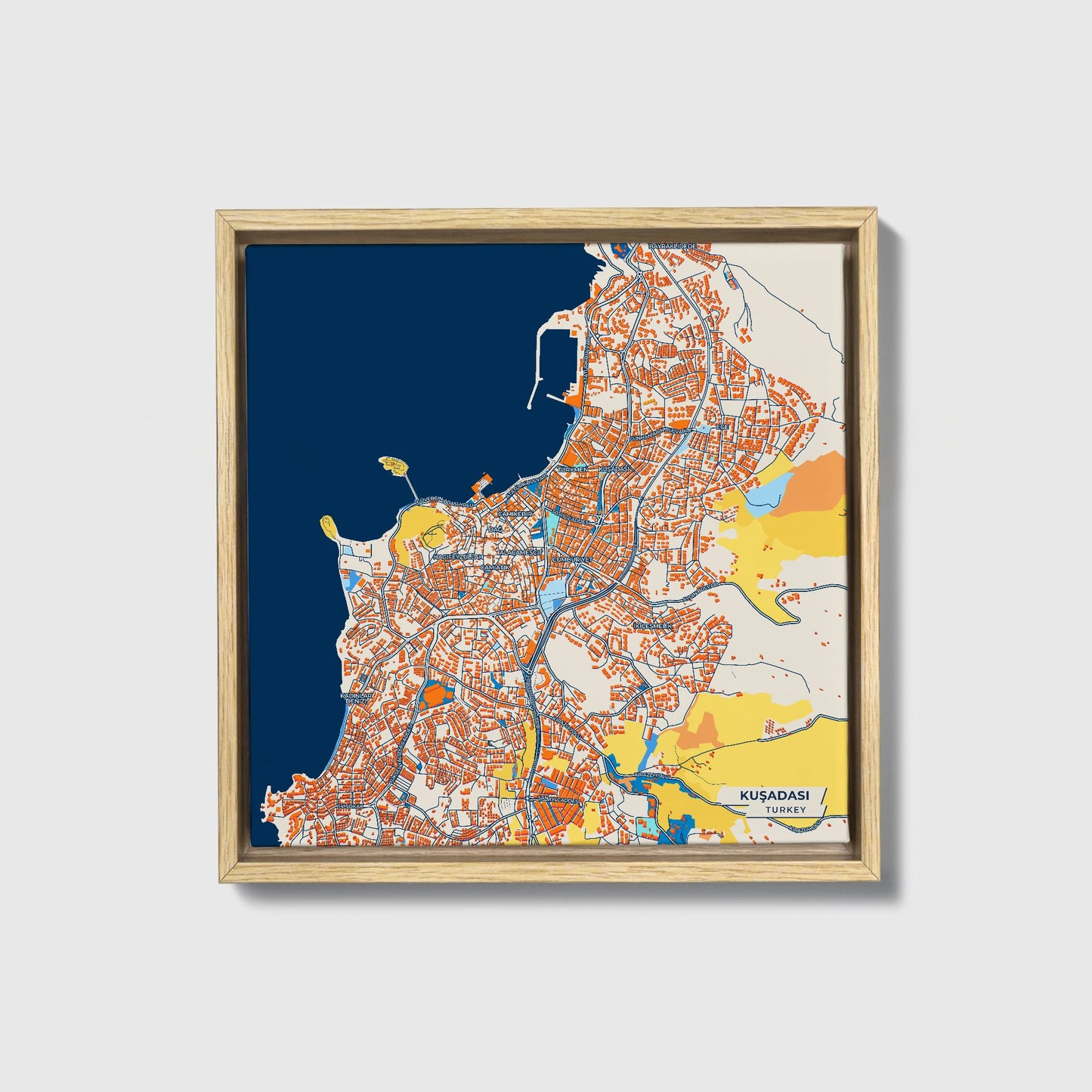Kuşadasi Turkey Colorful City Map Canvas Print • Natural Wooden Framed