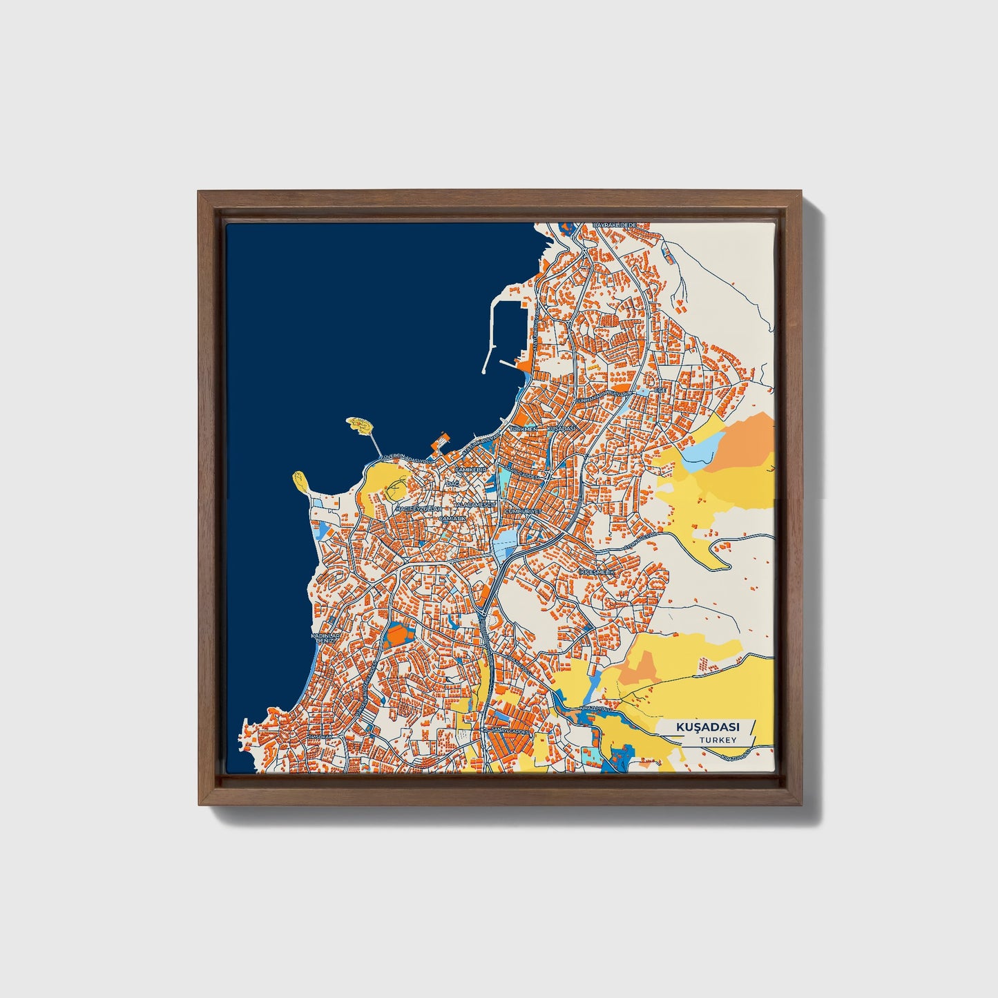Kuşadasi Turkey Colorful City Map Canvas Print • Dark Wooden Framed