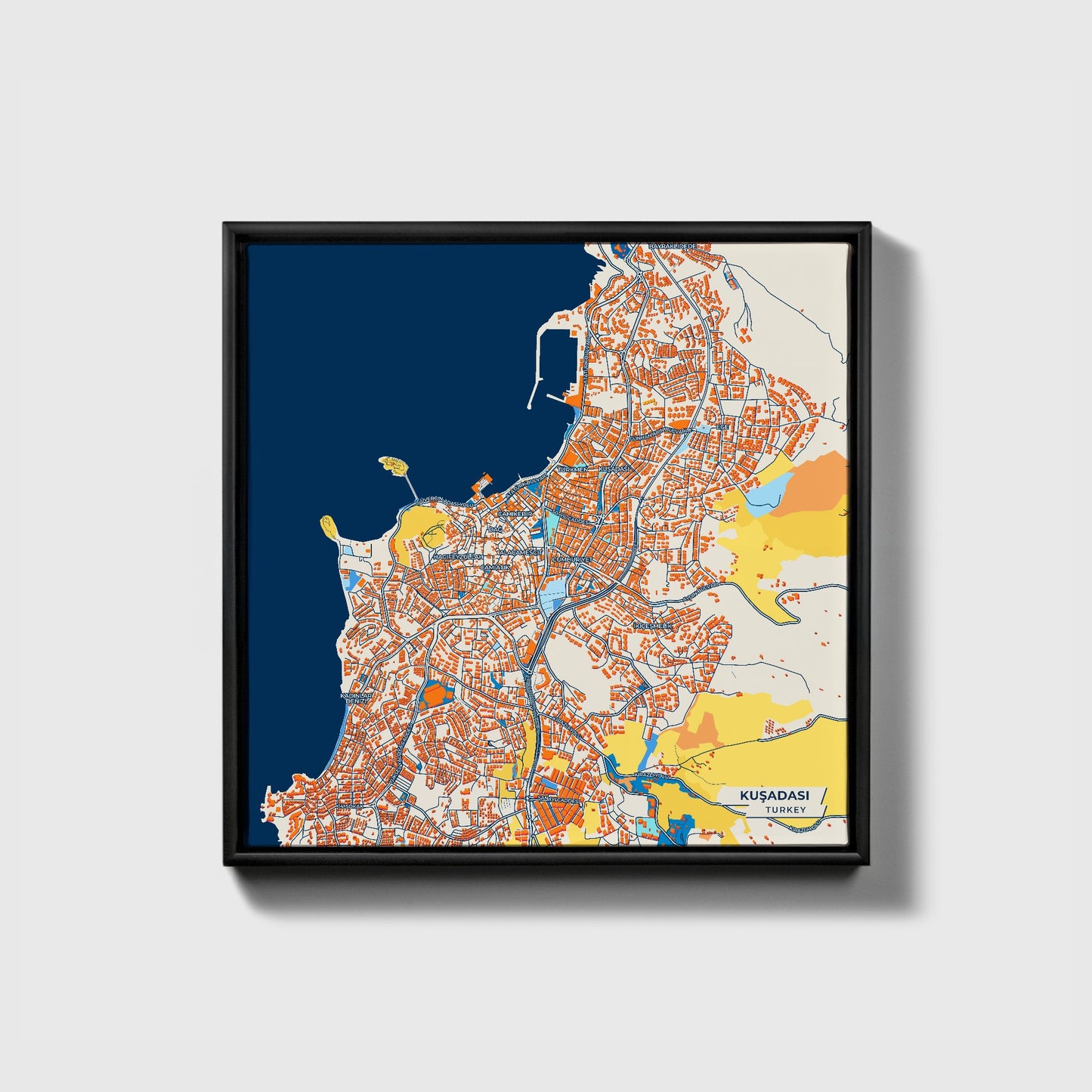 Kuşadasi Turkey Colorful City Map Canvas Print • Black Framed