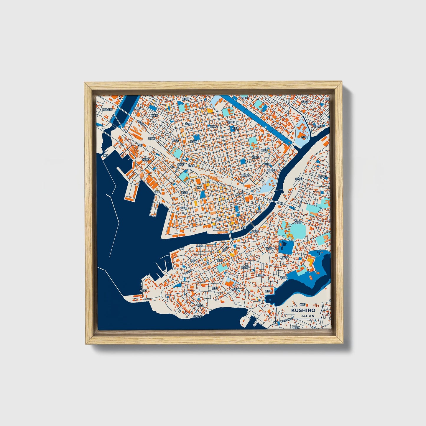 Kushiro Japan Colorful City Map Canvas Print • Natural Wooden Framed