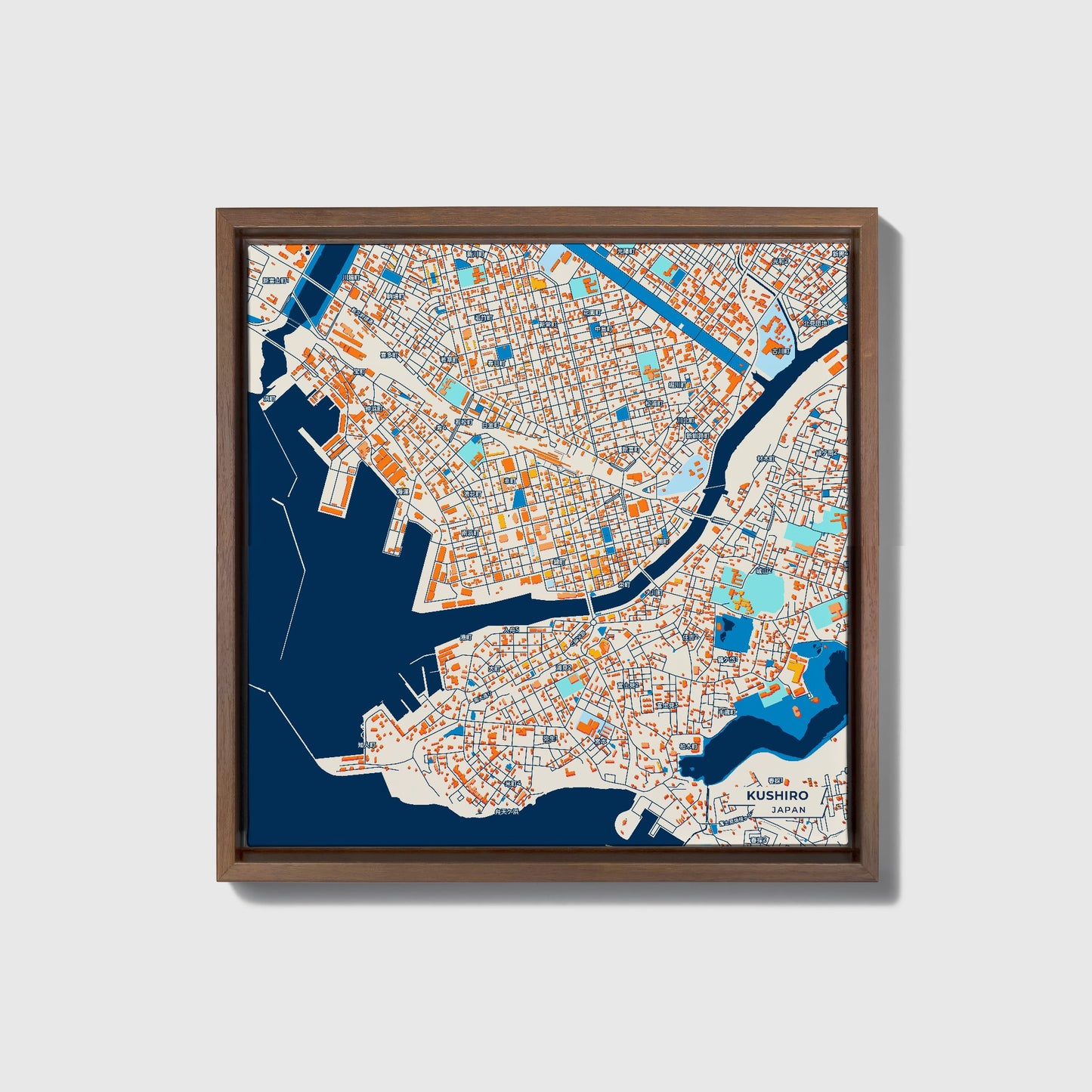 Kushiro Japan Colorful City Map Canvas Print • Dark Wooden Framed