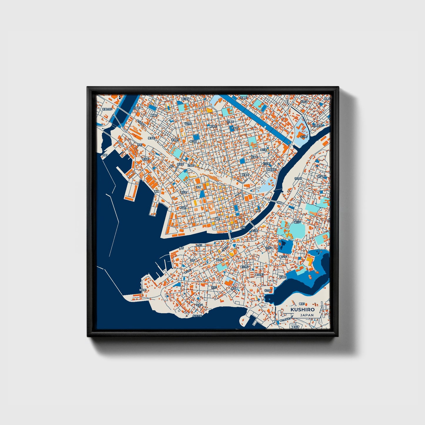 Kushiro Japan Colorful City Map Canvas Print • Black Framed