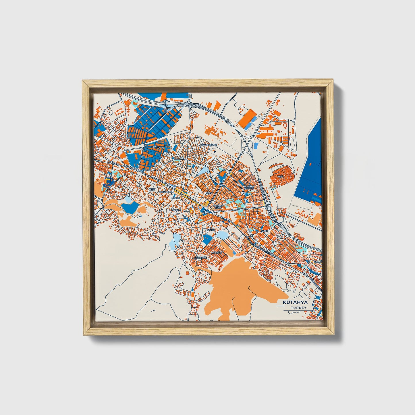 Kütahya Turkey Colorful City Map Canvas Print • Natural Wooden Framed