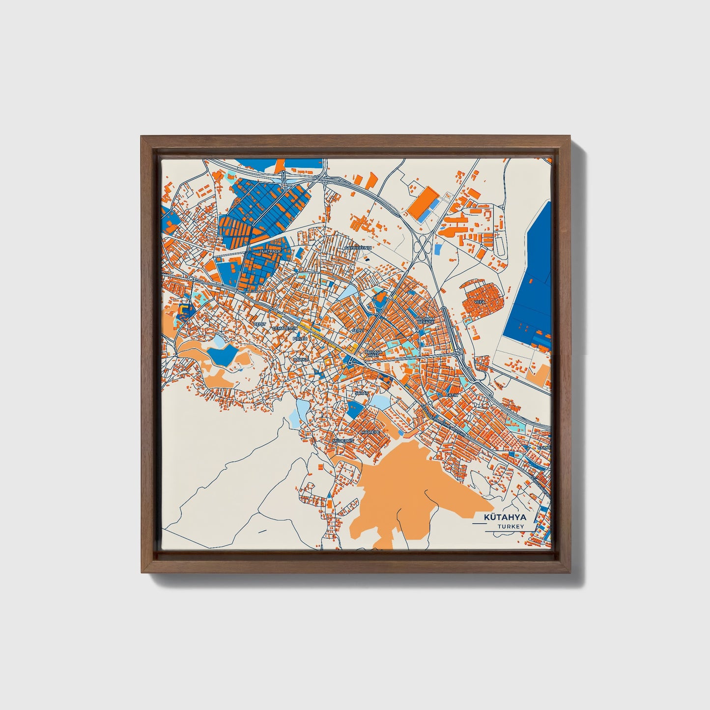 Kütahya Turkey Colorful City Map Canvas Print • Dark Wooden Framed