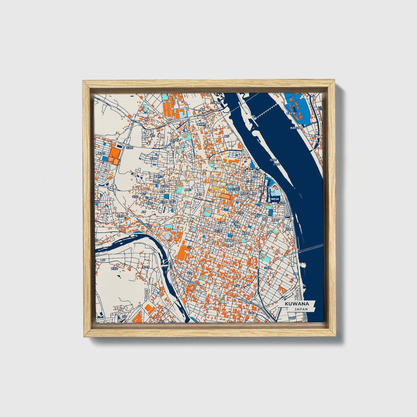 Kuwana Japan Colorful City Map Canvas Print • Natural Wooden Framed