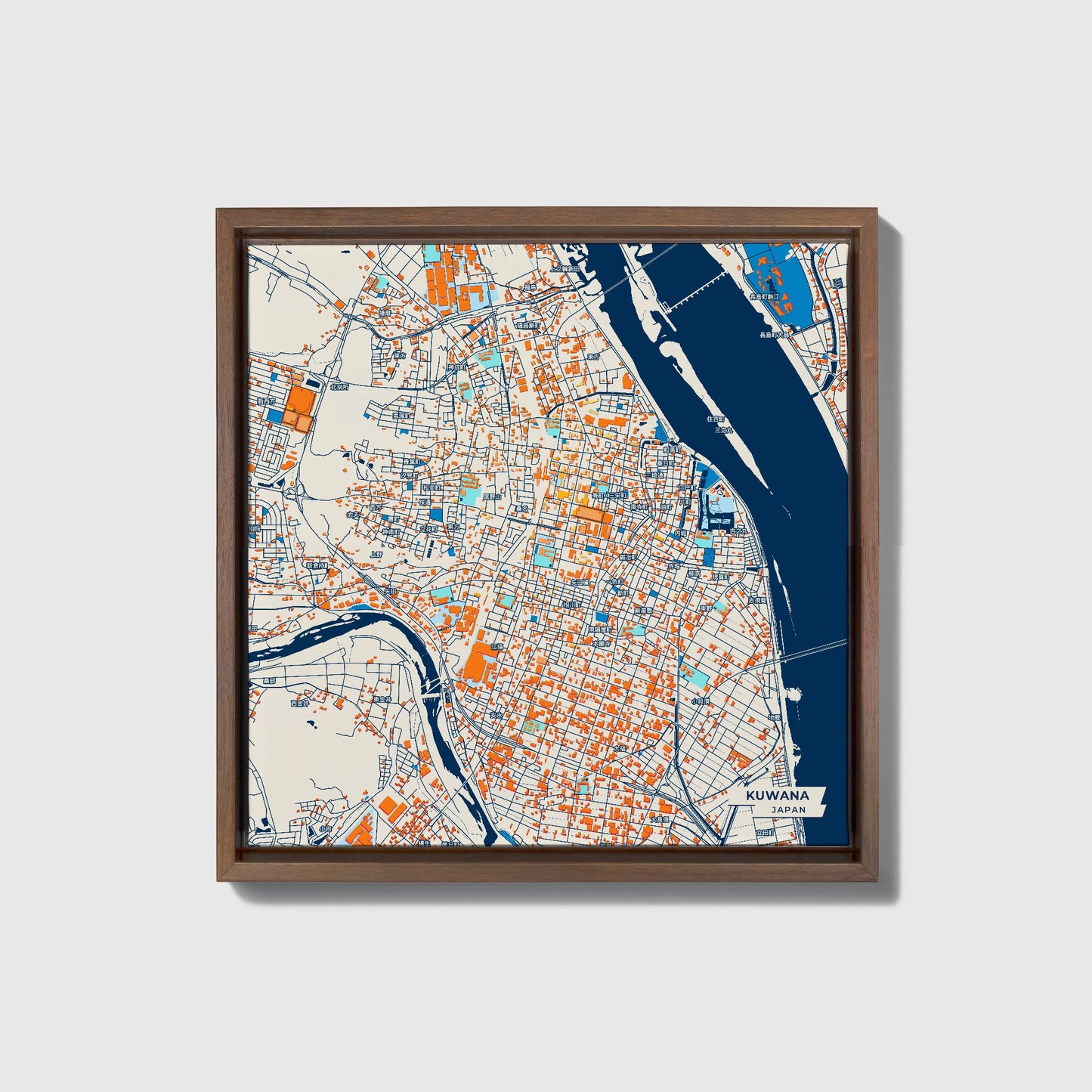 Kuwana Japan Colorful City Map Canvas Print • Dark Wooden Framed