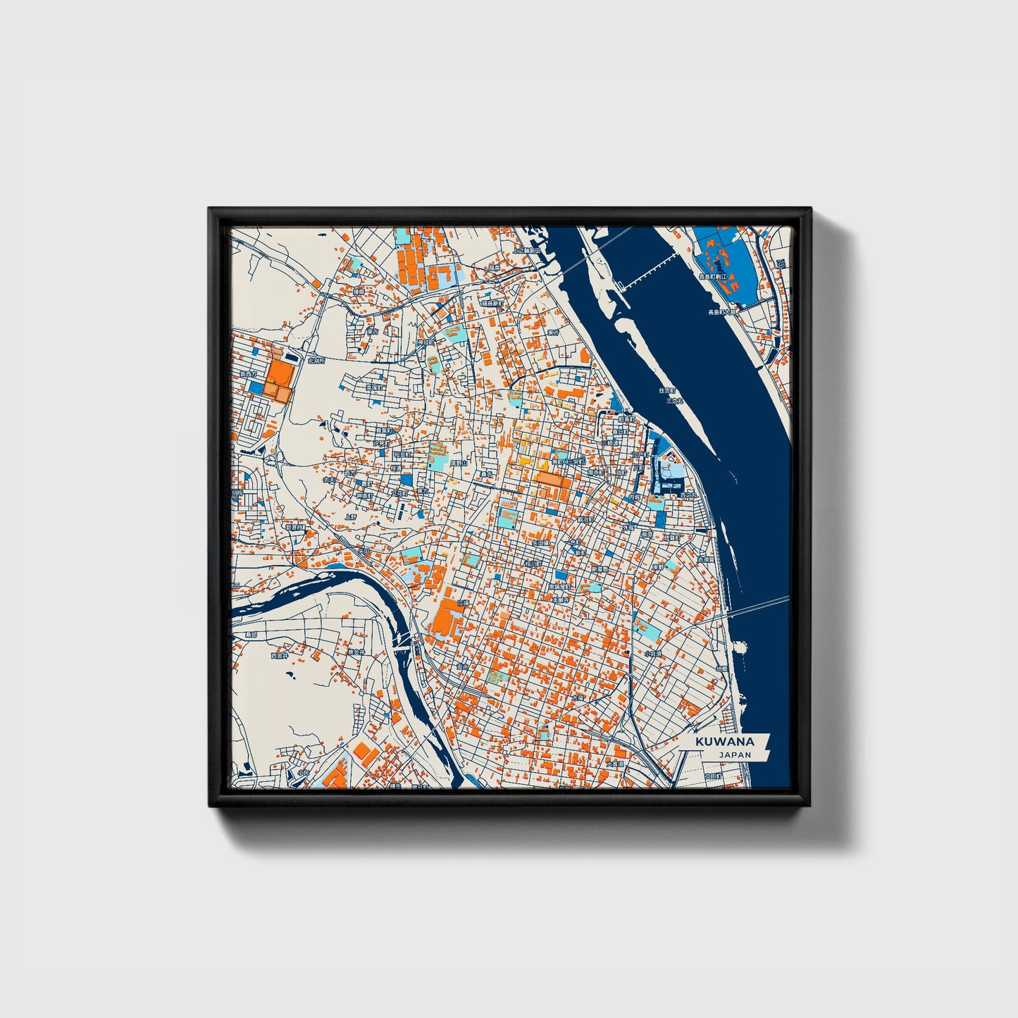 Kuwana Japan Colorful City Map Canvas Print • Black Framed