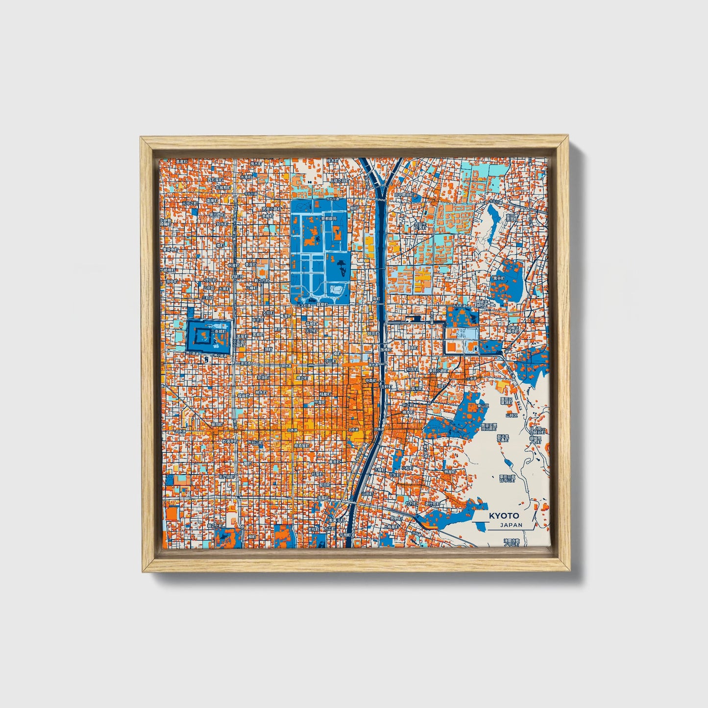 Kyoto Japan Colorful City Map Canvas Print • Natural Wooden Framed