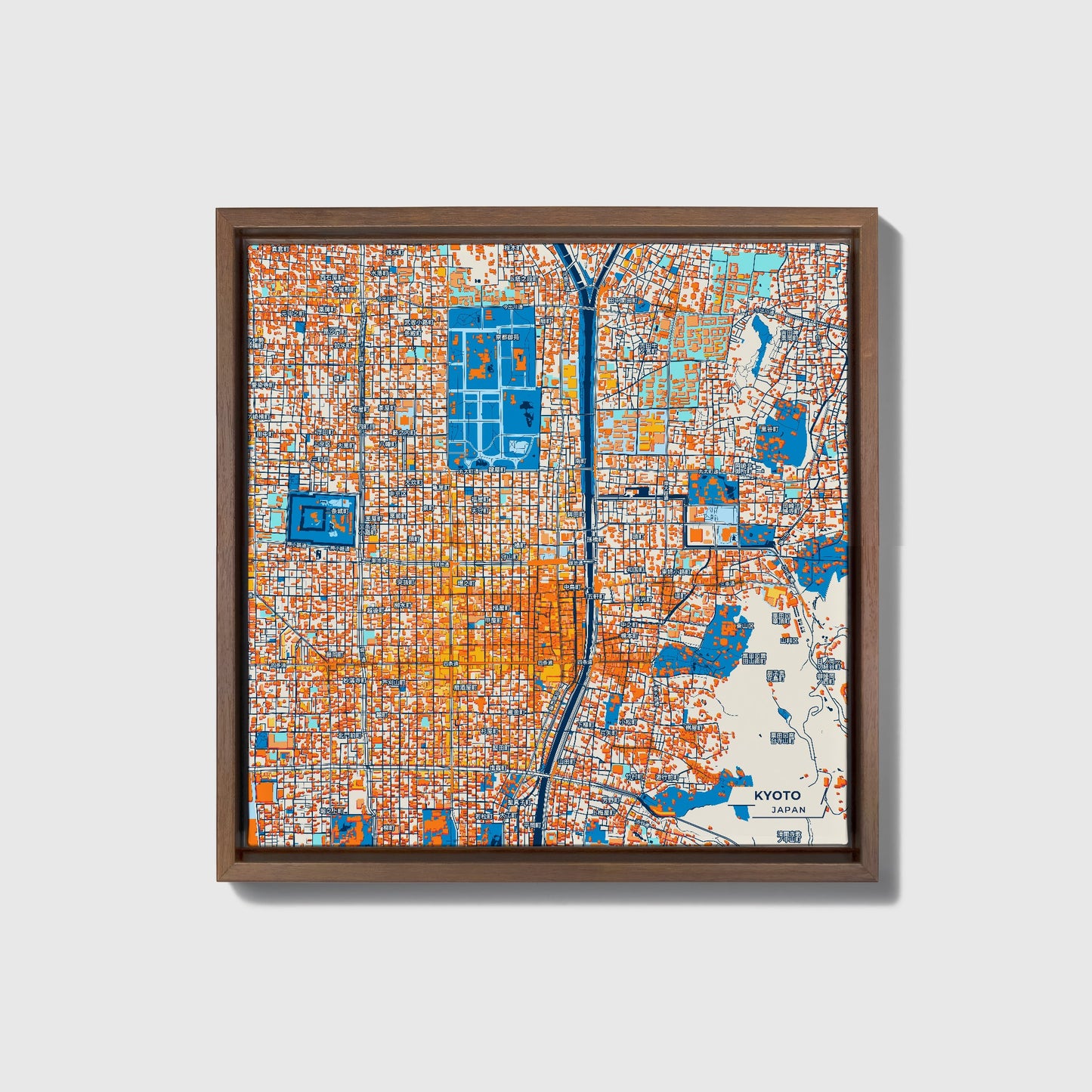 Kyoto Japan Colorful City Map Canvas Print • Dark Wooden Framed