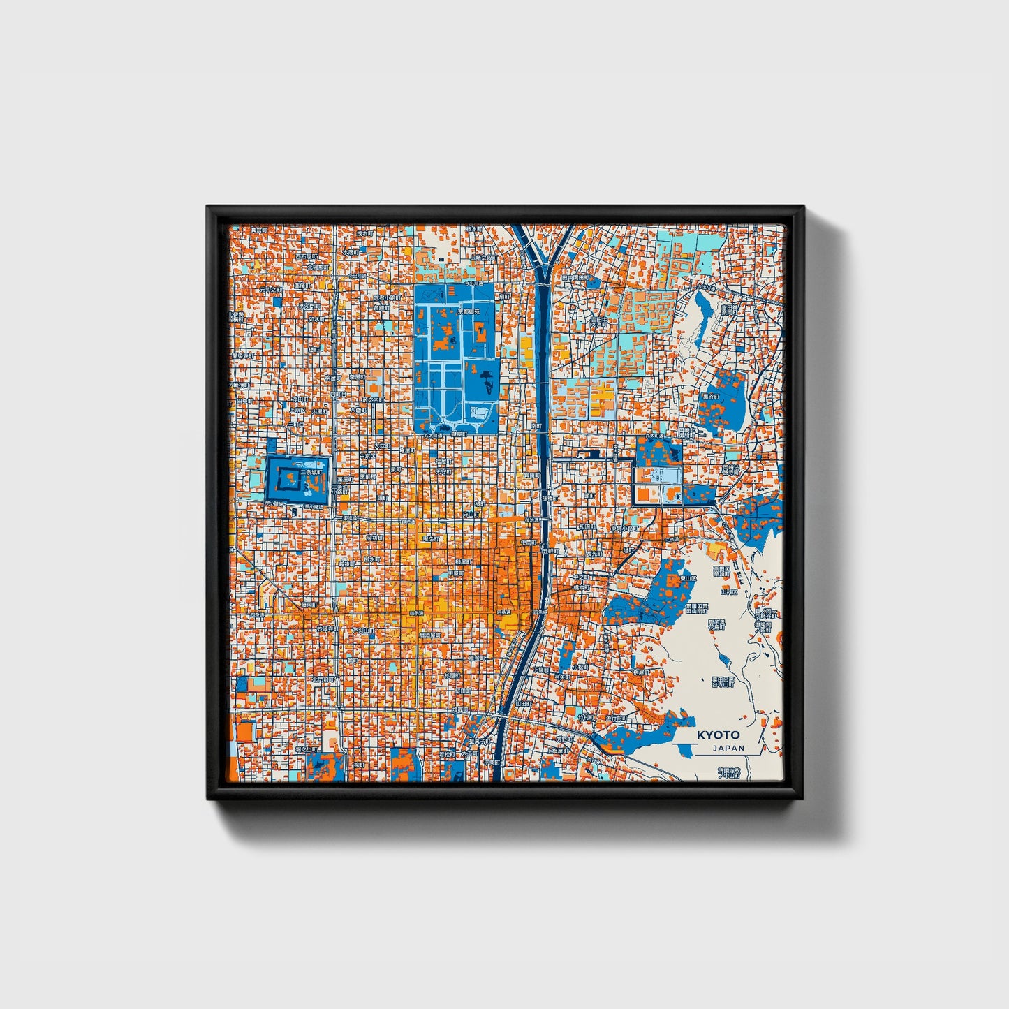 Kyoto Japan Colorful City Map Canvas Print • Black Framed