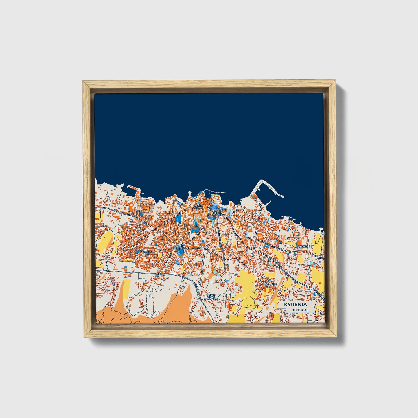Kyrenia   Cyprus Colorful City Map Canvas Print • Natural Wooden Framed