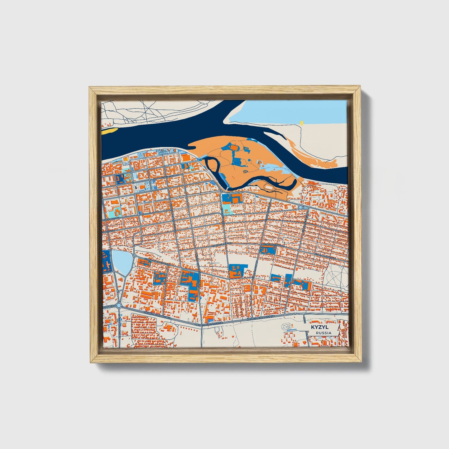 Кызыл Russia Colorful City Map Canvas Print • Natural Wooden Framed