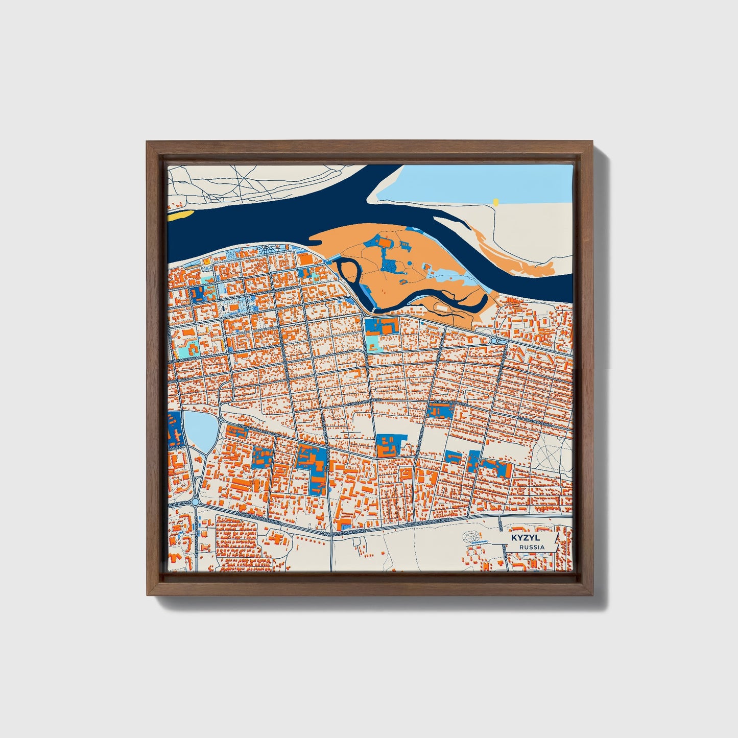 Кызыл Russia Colorful City Map Canvas Print • Dark Wooden Framed