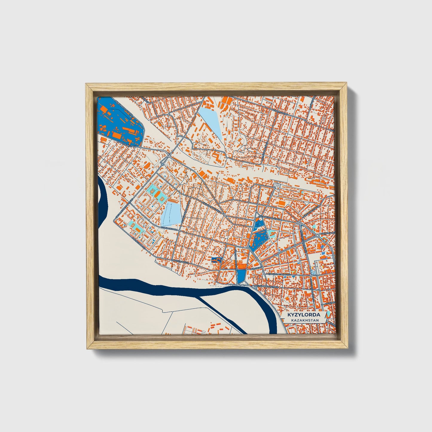 Kyzylorda Kazakhstan Colorful City Map Canvas Print • Natural Wooden Framed