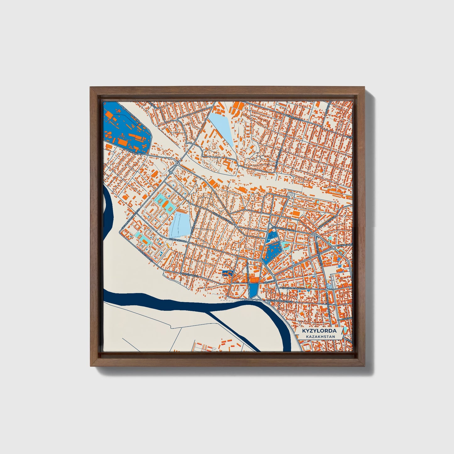 Kyzylorda Kazakhstan Colorful City Map Canvas Print • Dark Wooden Framed
