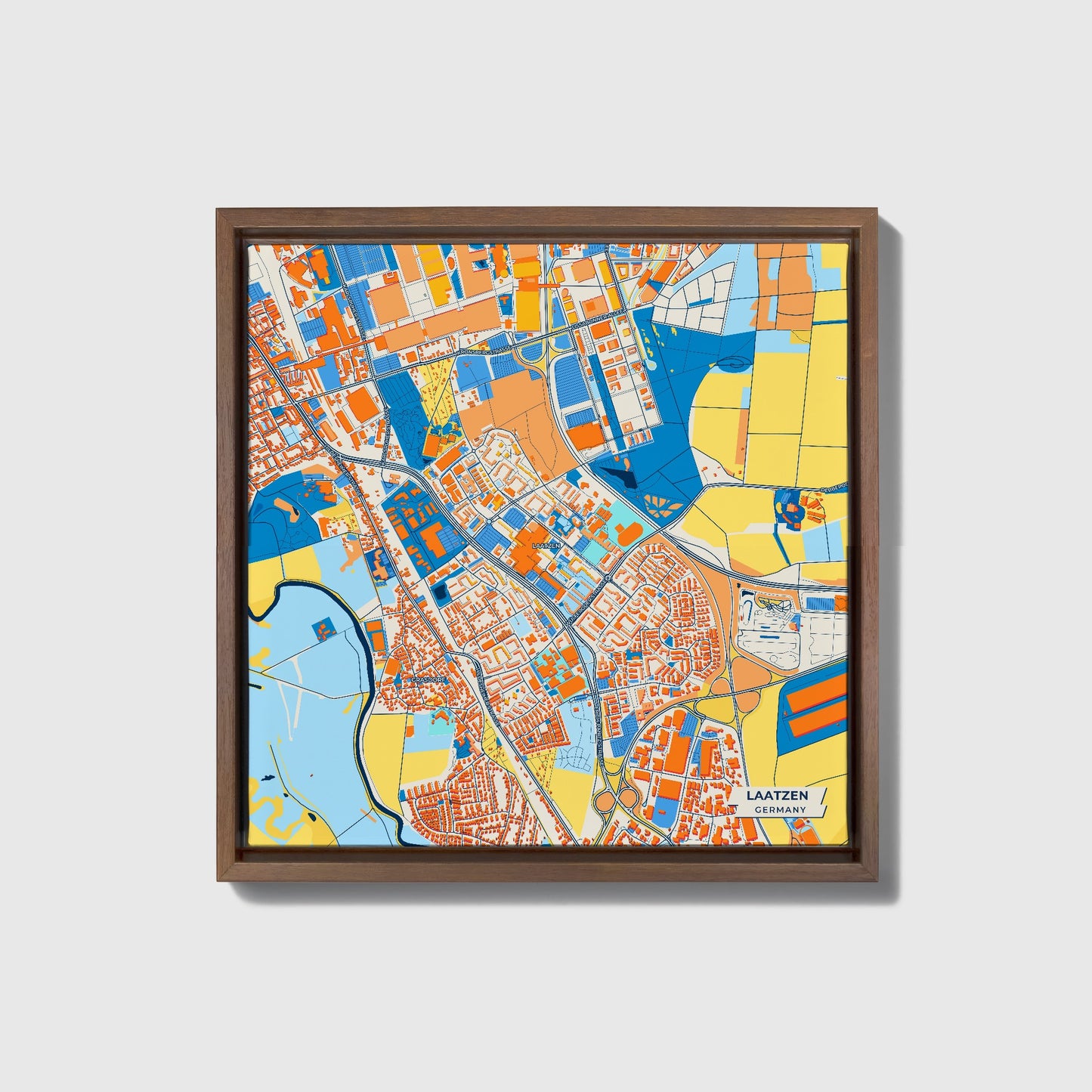 Laatzen Germany Colorful City Map Canvas Print • Dark Wooden Framed