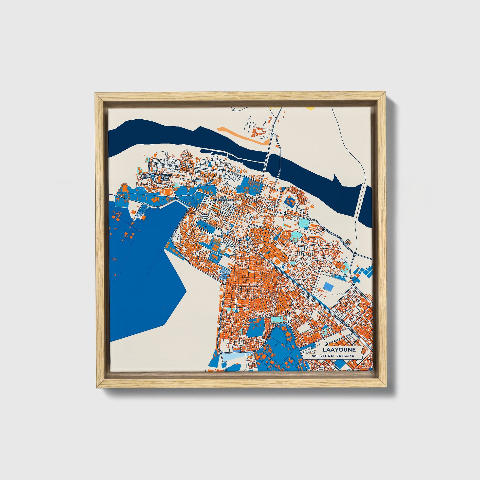 Laayoune Western Sahara Colorful City Map Canvas Print • Natural Wooden Framed