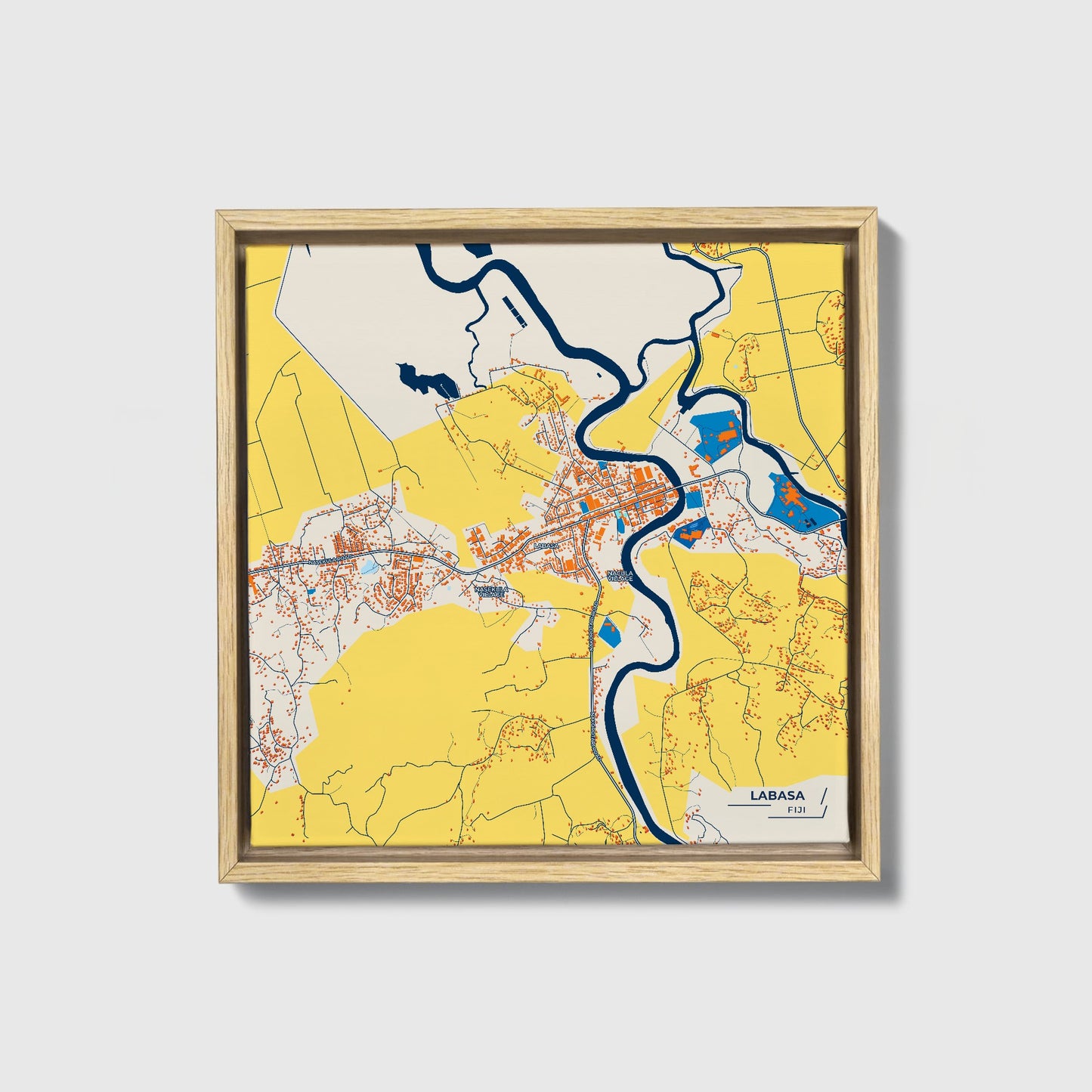 Labasa Fiji Colorful City Map Canvas Print • Natural Wooden Framed