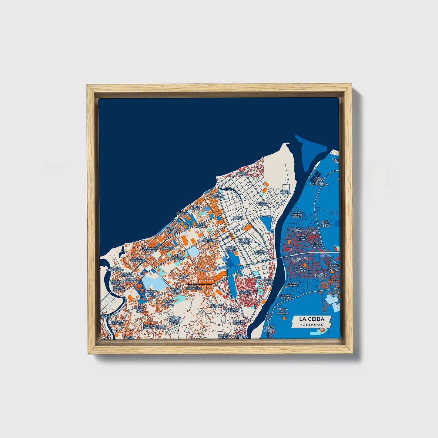 La Ceiba Honduras Colorful City Map Canvas Print • Natural Wooden Framed