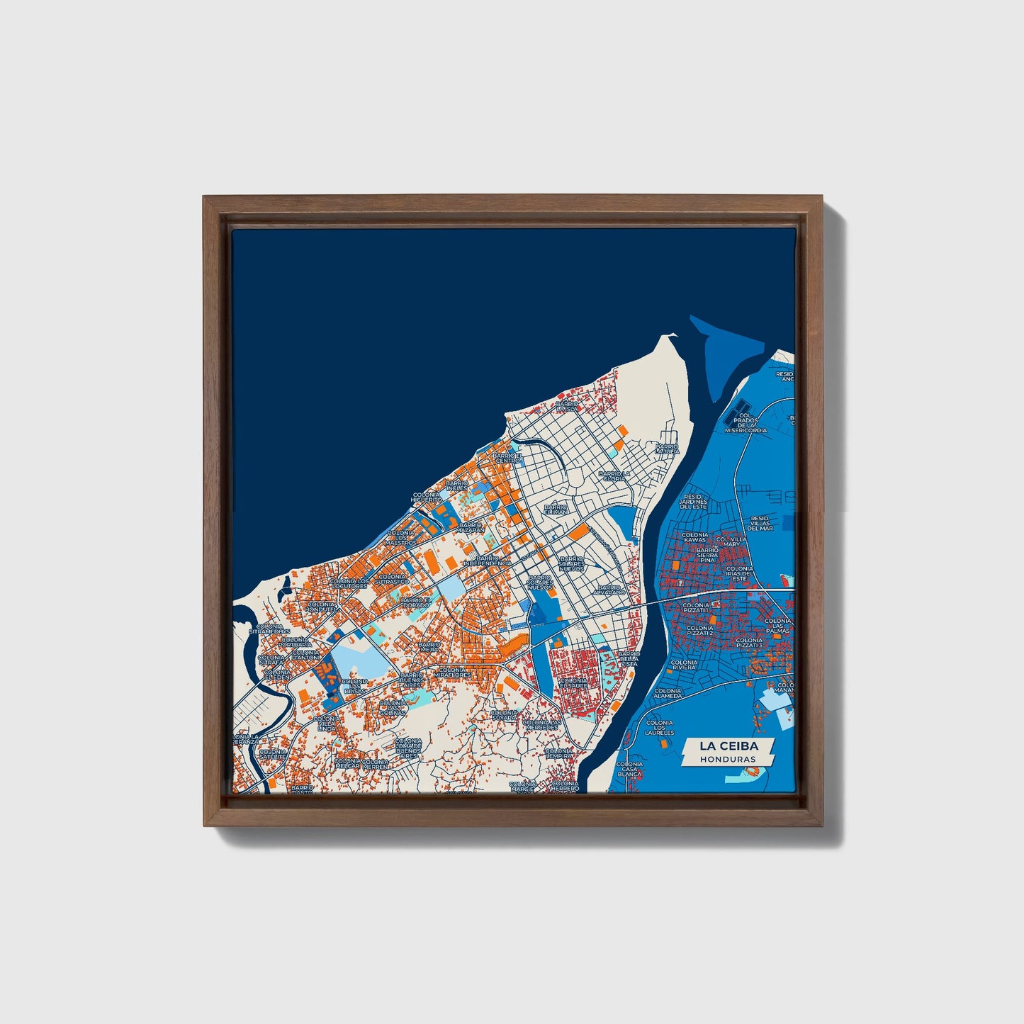 La Ceiba Honduras Colorful City Map Canvas Print • Dark Wooden Framed