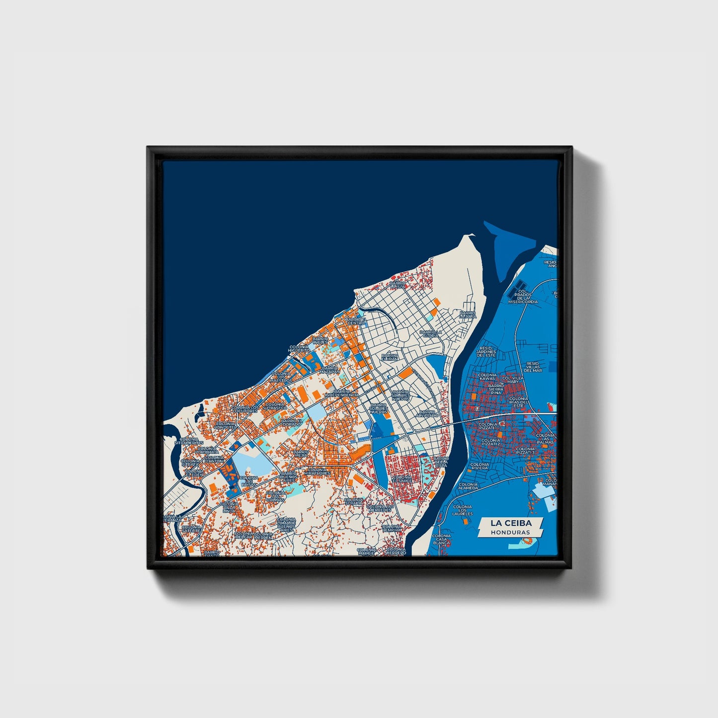 La Ceiba Honduras Colorful City Map Canvas Print • Black Framed