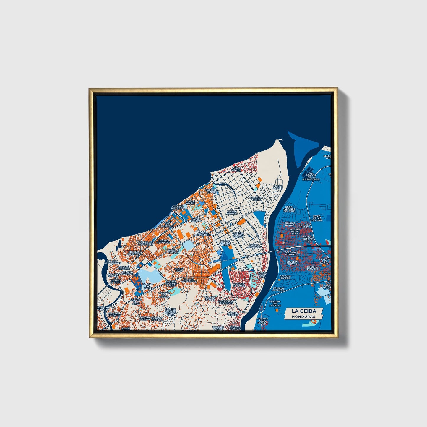 La Ceiba Honduras Colorful City Map Canvas Print • Gold Framed