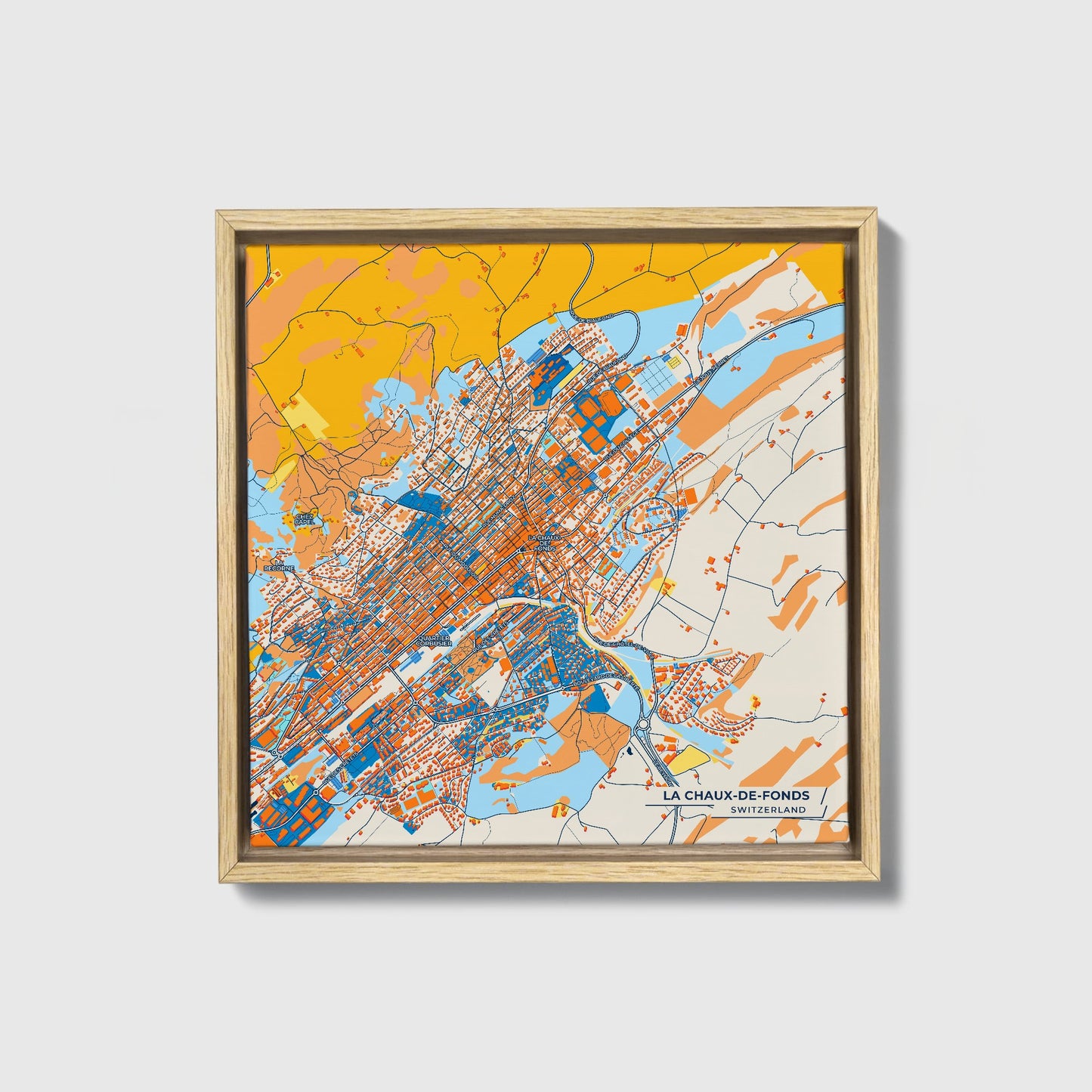 La Chaux-De-Fonds Switzerland Colorful City Map Canvas Print • Natural Wooden Framed