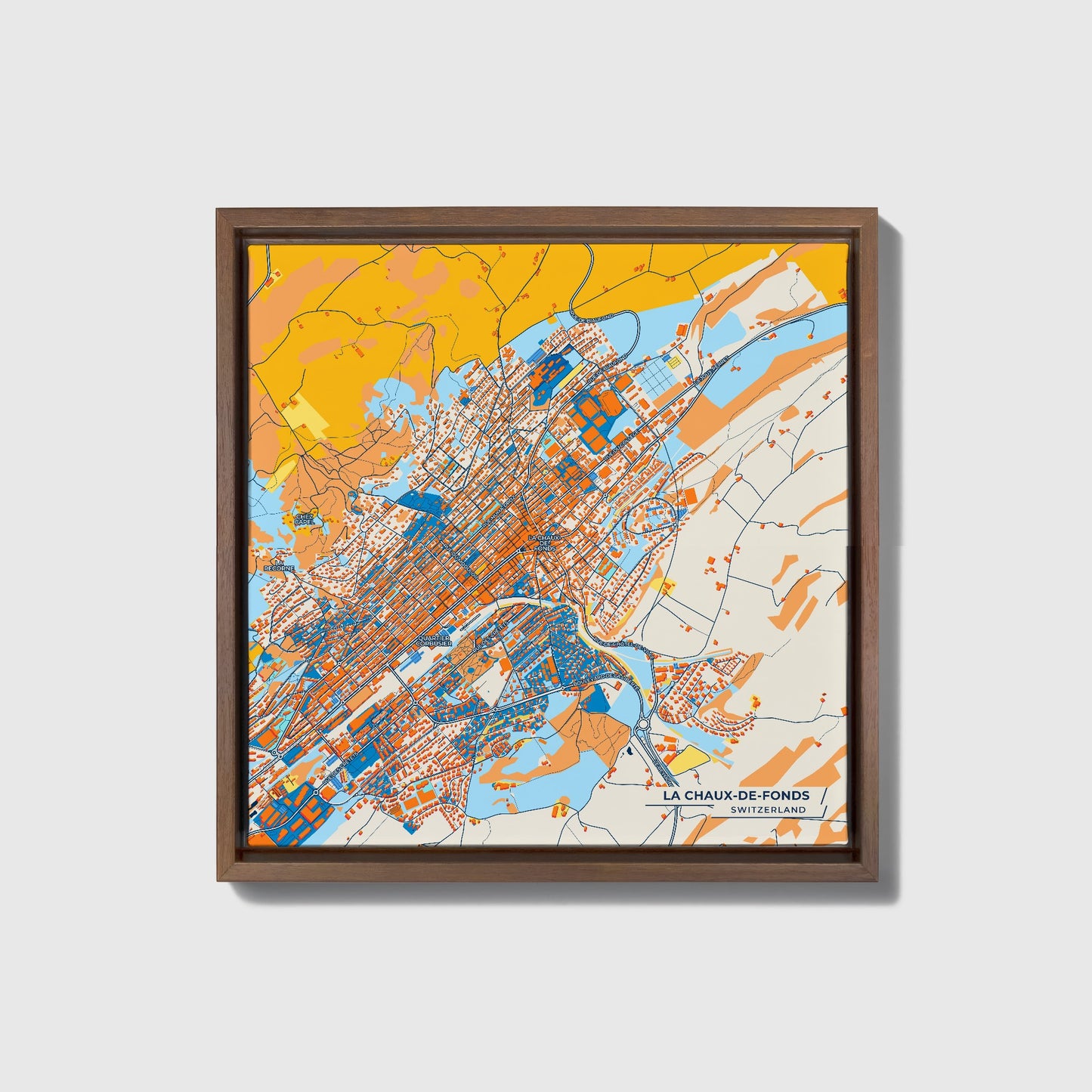 La Chaux-De-Fonds Switzerland Colorful City Map Canvas Print • Dark Wooden Framed