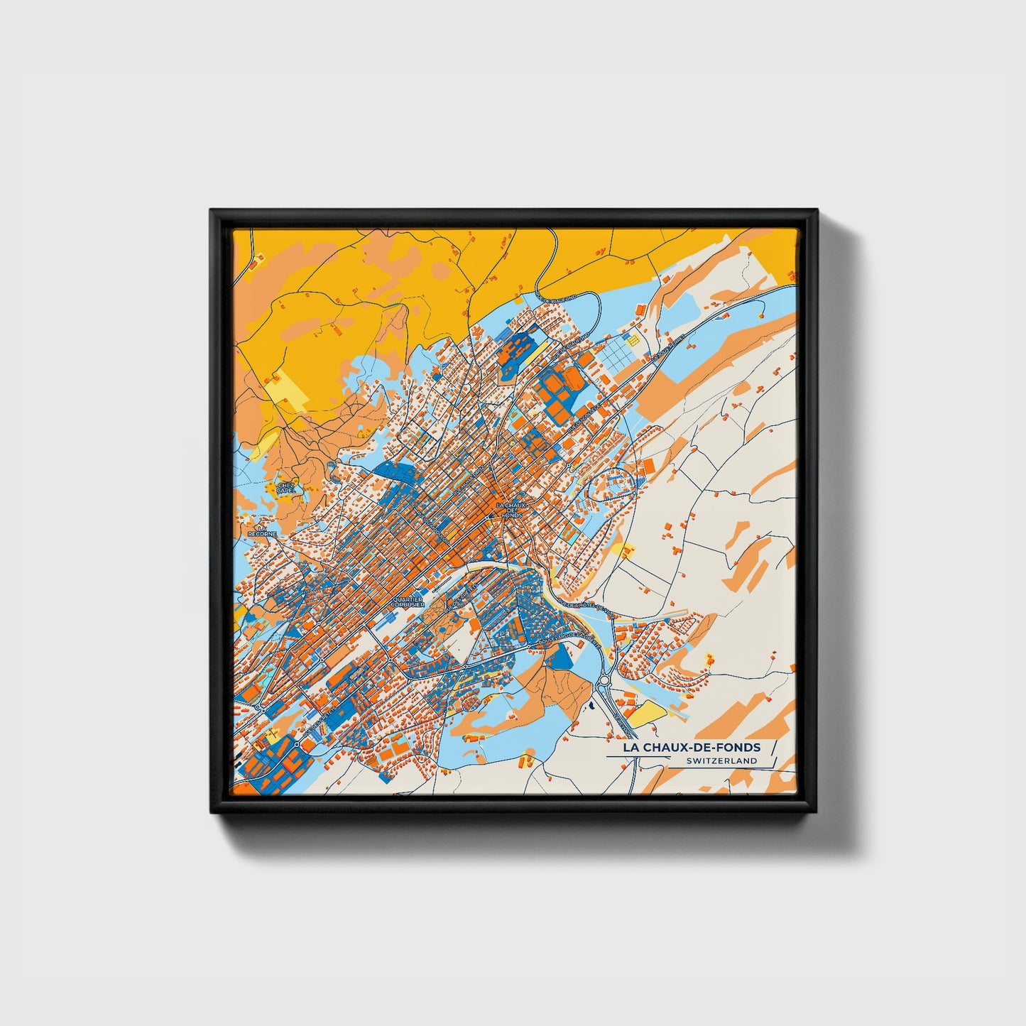 La Chaux-De-Fonds Switzerland Colorful City Map Canvas Print • Black Framed