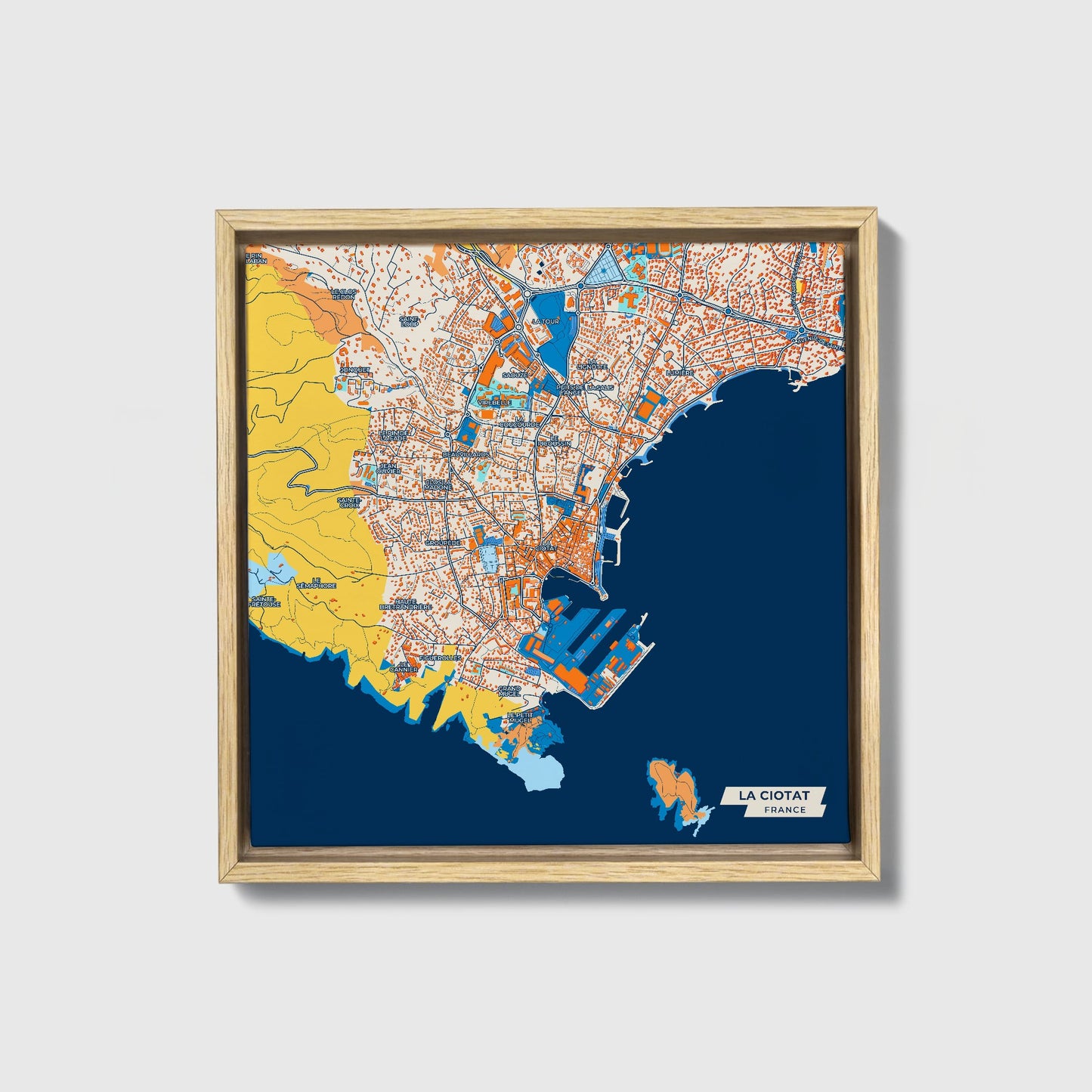 La Ciotat France Colorful City Map Canvas Print • Natural Wooden Framed