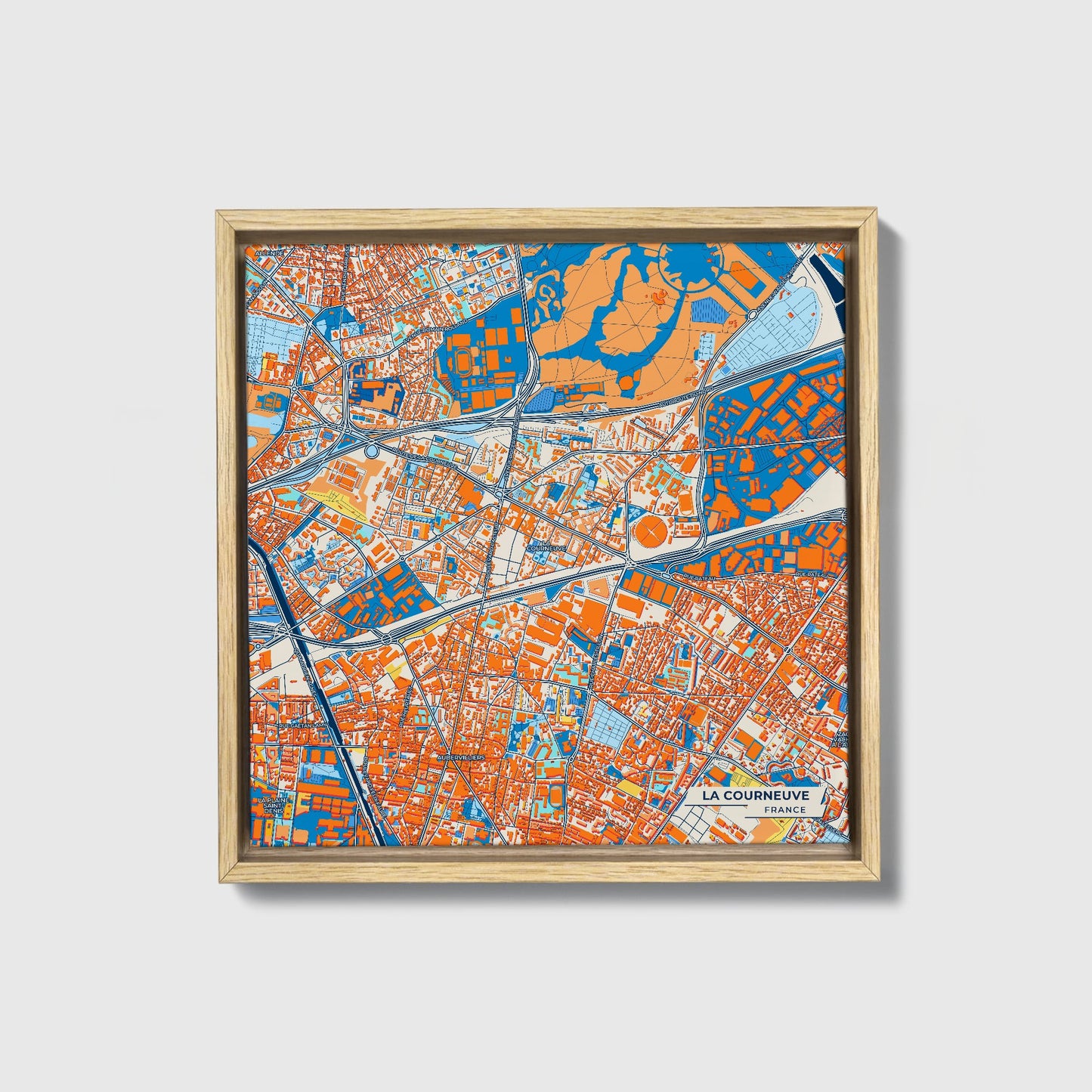 La Courneuve France Colorful City Map Canvas Print • Natural Wooden Framed
