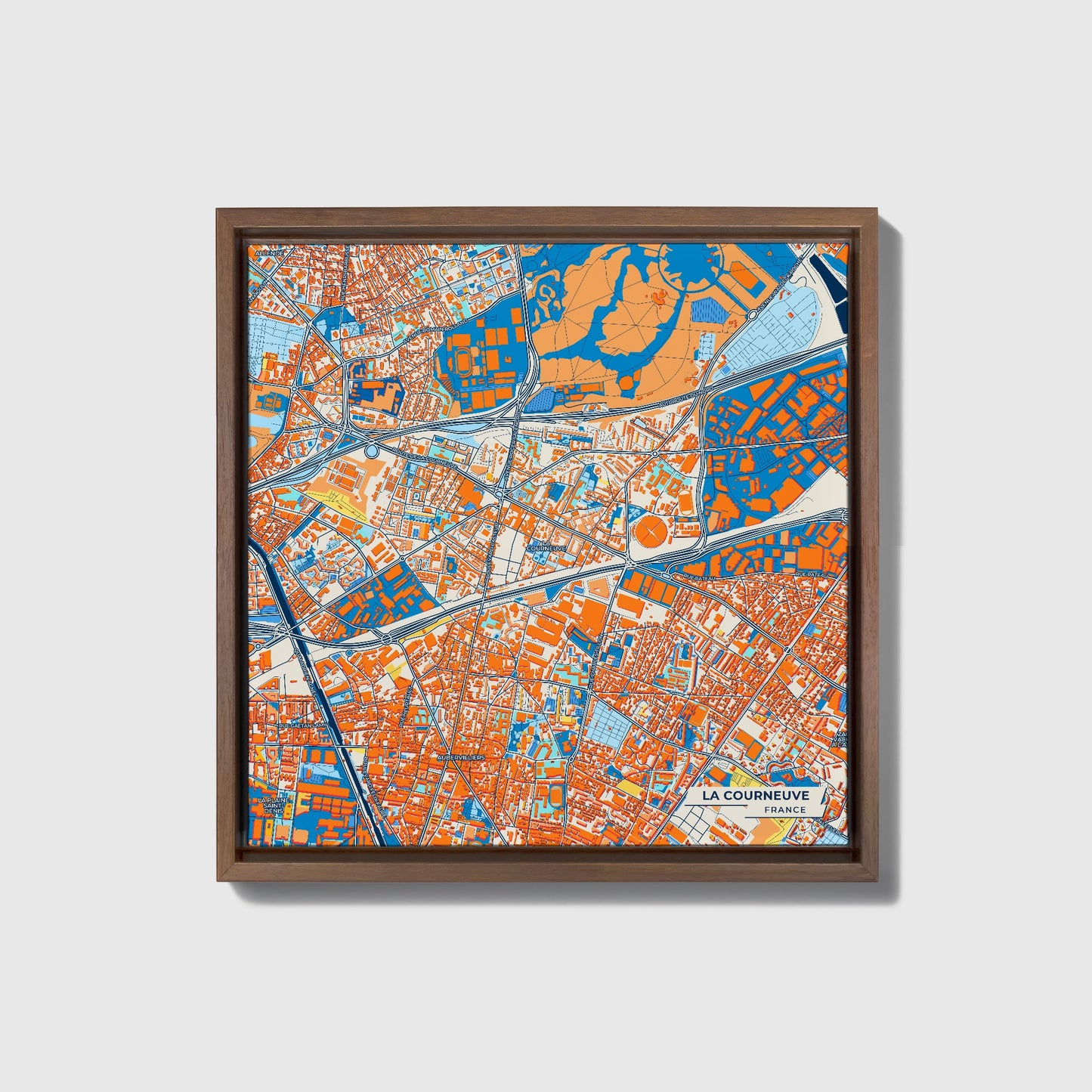 La Courneuve France Colorful City Map Canvas Print • Dark Wooden Framed