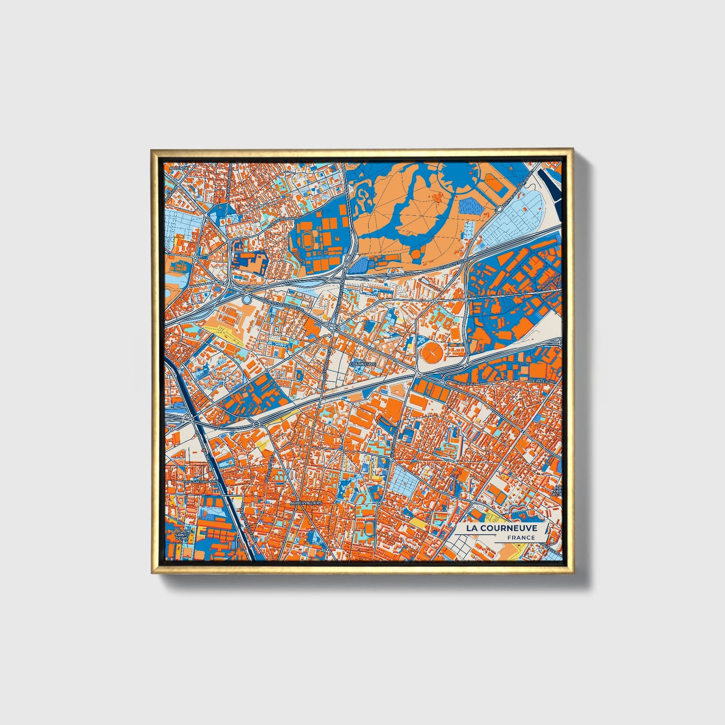 La Courneuve France Colorful City Map Canvas Print • Gold Framed