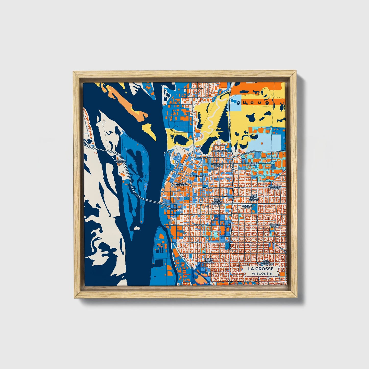 La Crosse Wisconsin Colorful City Map Canvas Print • Natural Wooden Framed