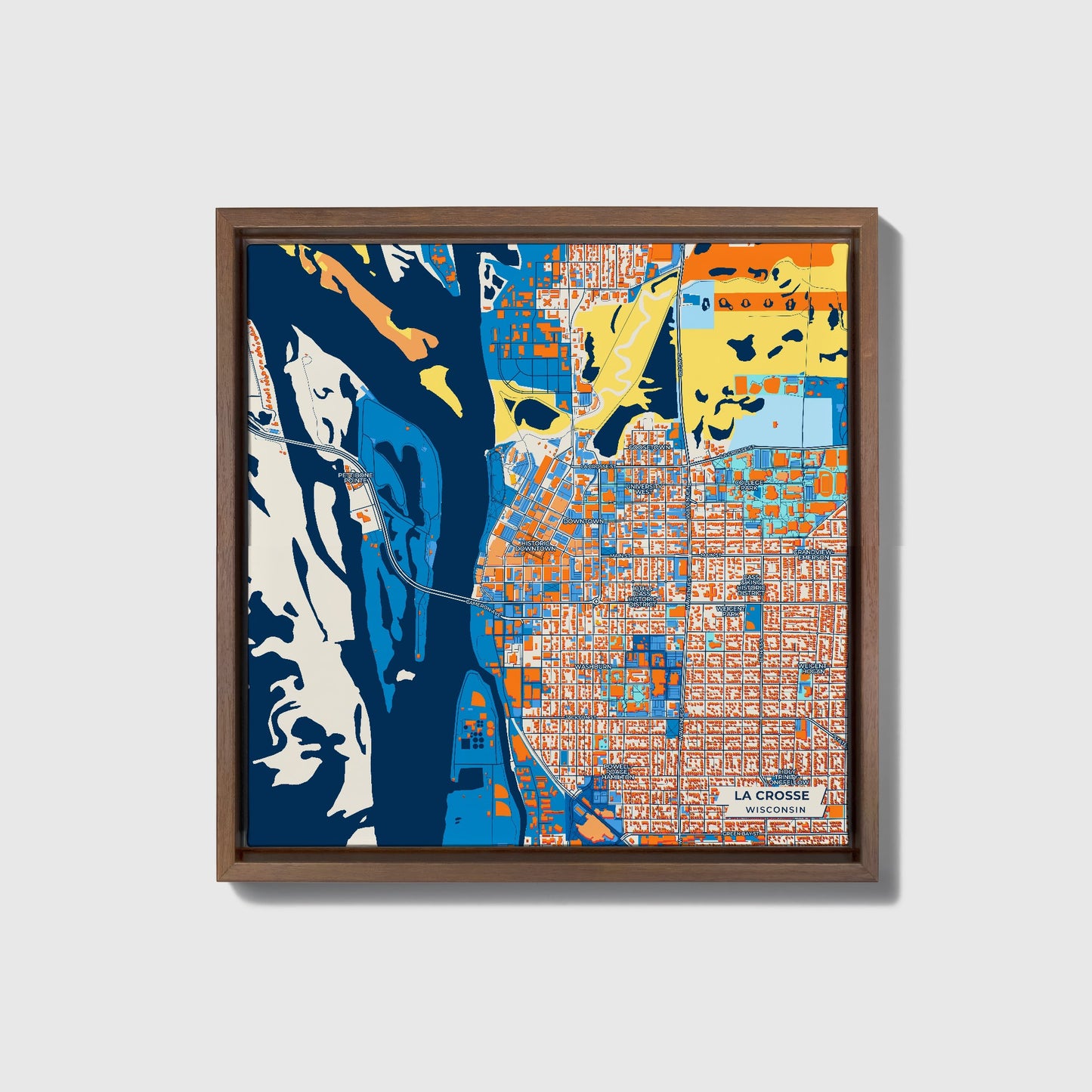 La Crosse Wisconsin Colorful City Map Canvas Print • Dark Wooden Framed
