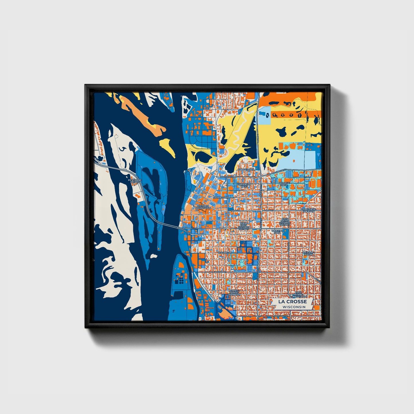 La Crosse Wisconsin Colorful City Map Canvas Print • Black Framed