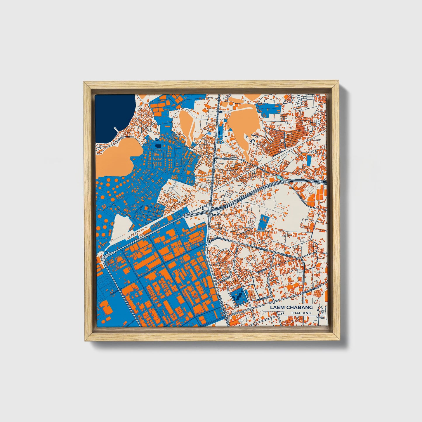 Laem Chabang Thailand Colorful City Map Canvas Print • Natural Wooden Framed