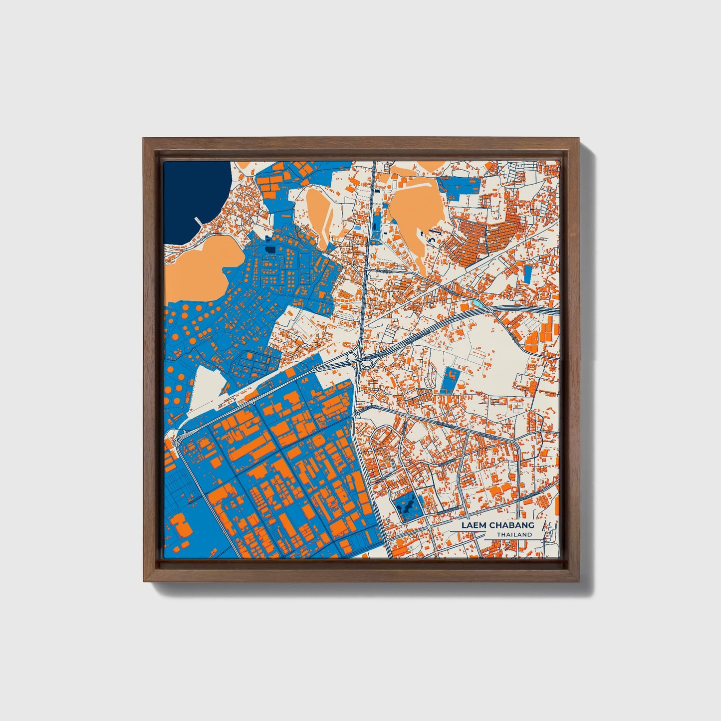 Laem Chabang Thailand Colorful City Map Canvas Print • Dark Wooden Framed