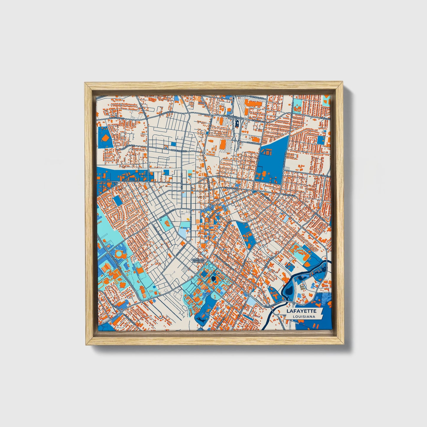 Lafayette Louisiana Colorful City Map Canvas Print • Natural Wooden Framed