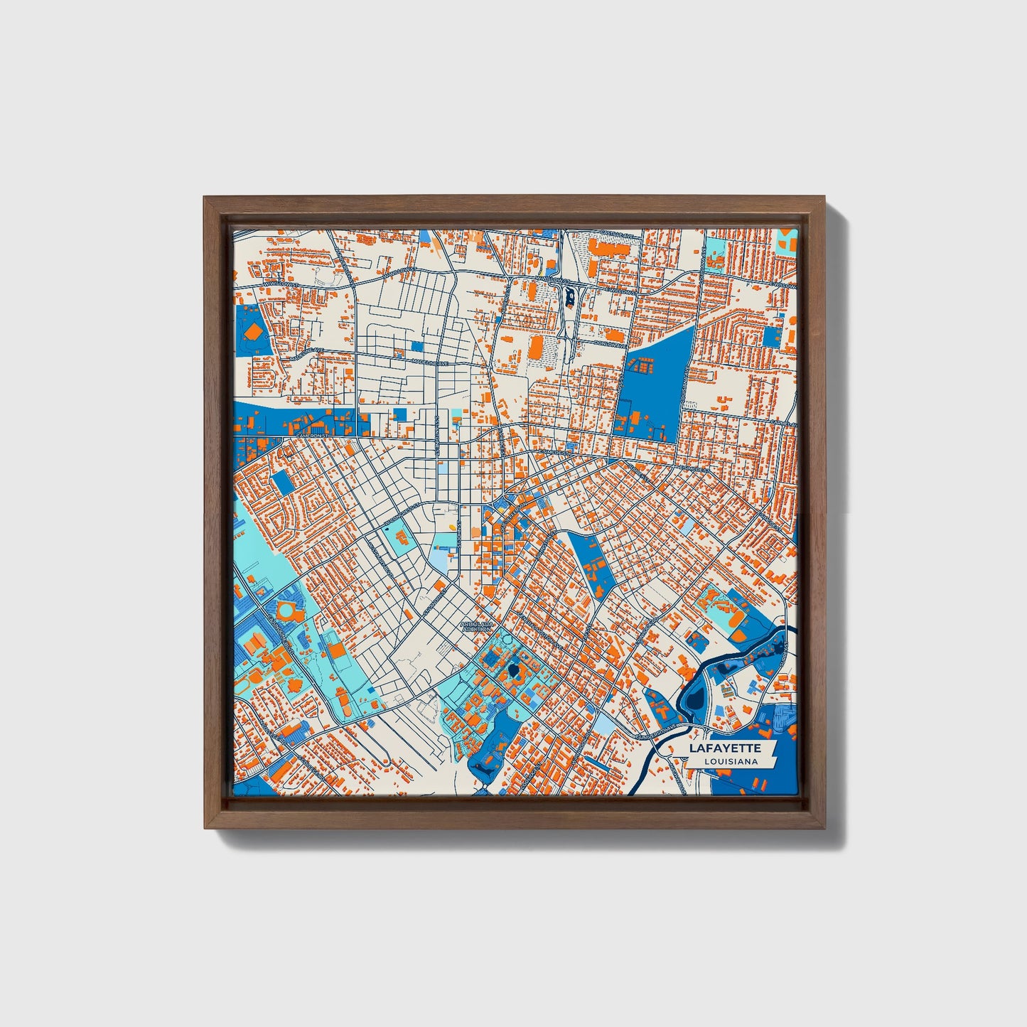Lafayette Louisiana Colorful City Map Canvas Print • Dark Wooden Framed