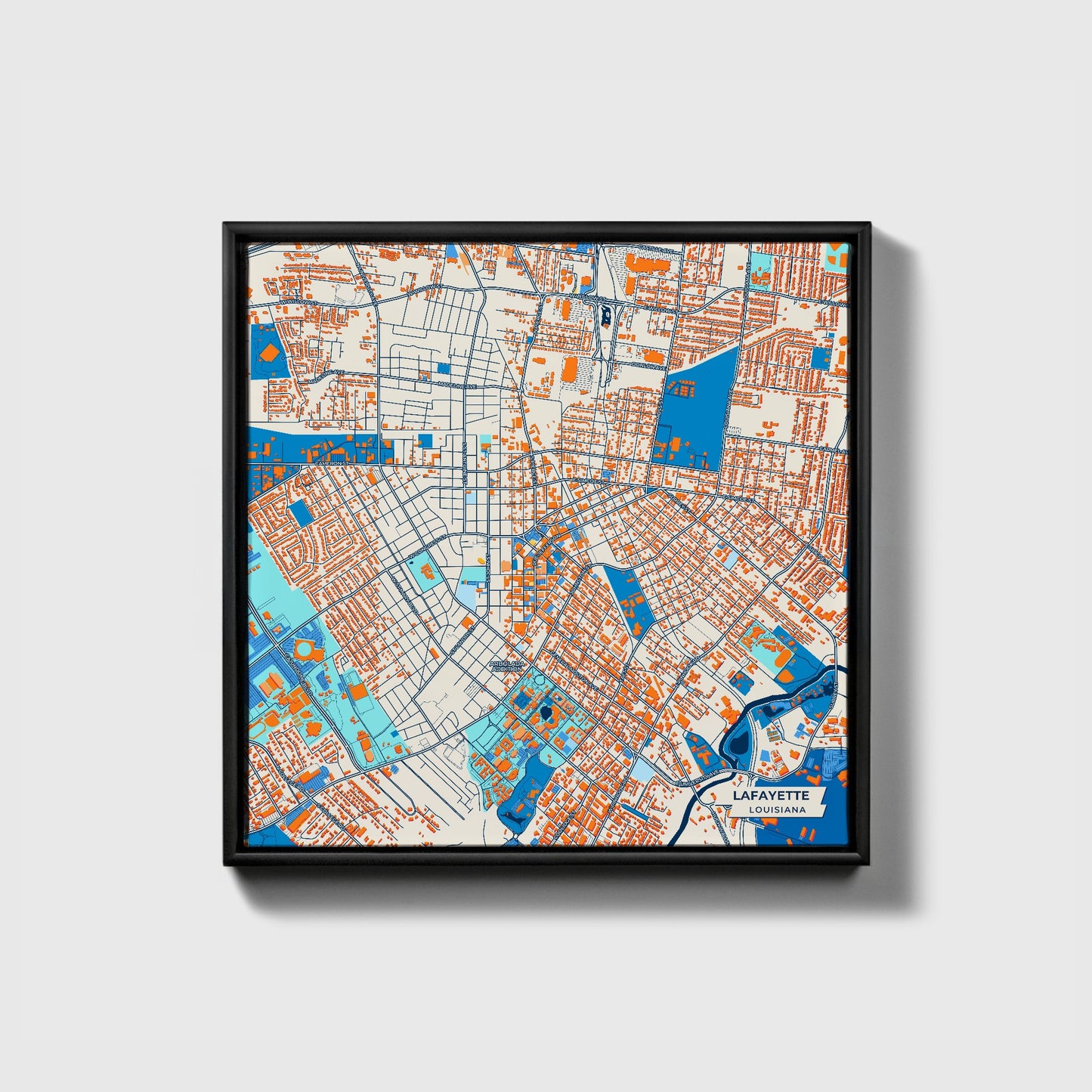 Lafayette Louisiana Colorful City Map Canvas Print • Black Framed