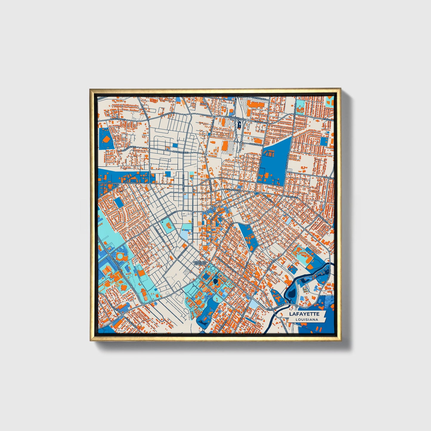 Lafayette Louisiana Colorful City Map Canvas Print • Gold Framed