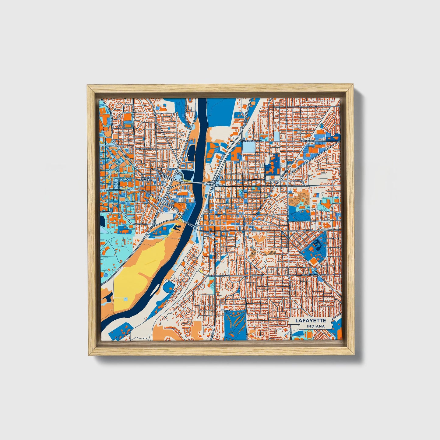 Lafayette Indiana Colorful City Map Canvas Print • Natural Wooden Framed