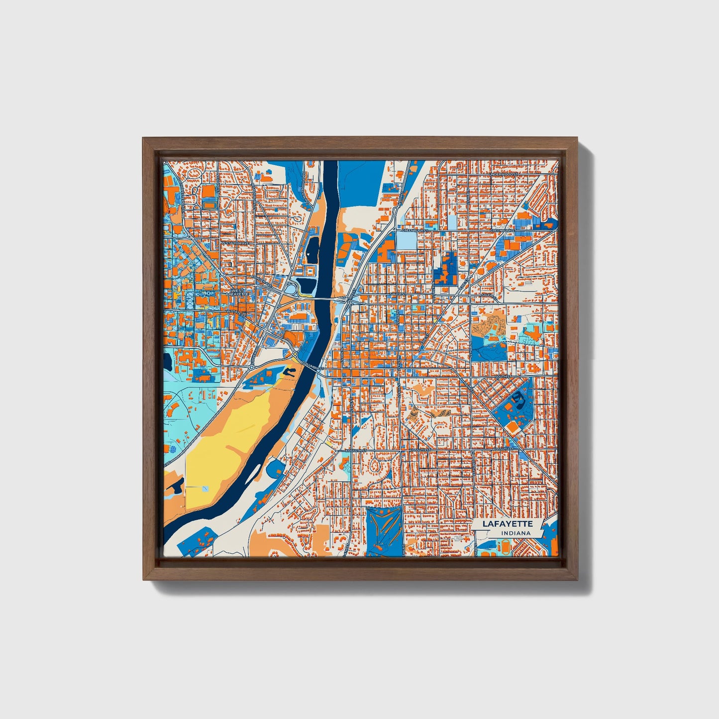 Lafayette Indiana Colorful City Map Canvas Print • Dark Wooden Framed