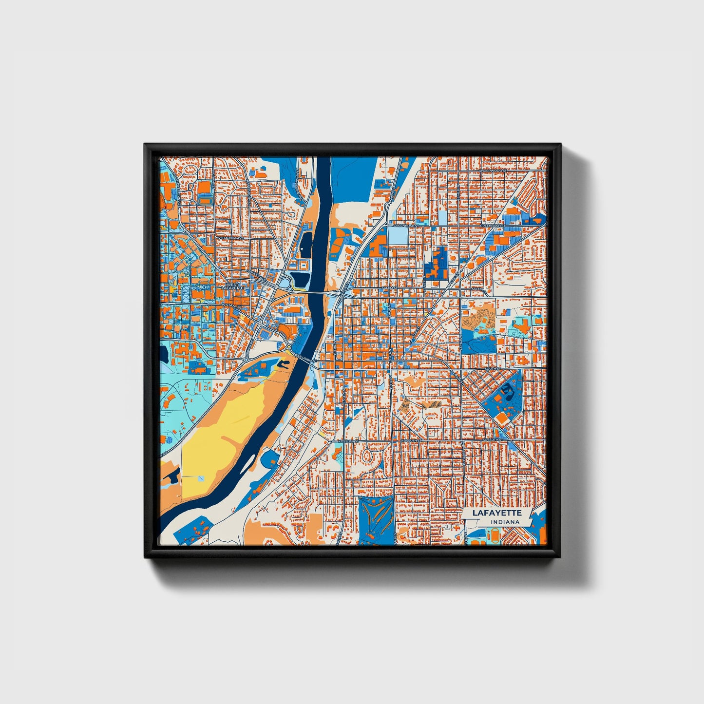 Lafayette Indiana Colorful City Map Canvas Print • Black Framed